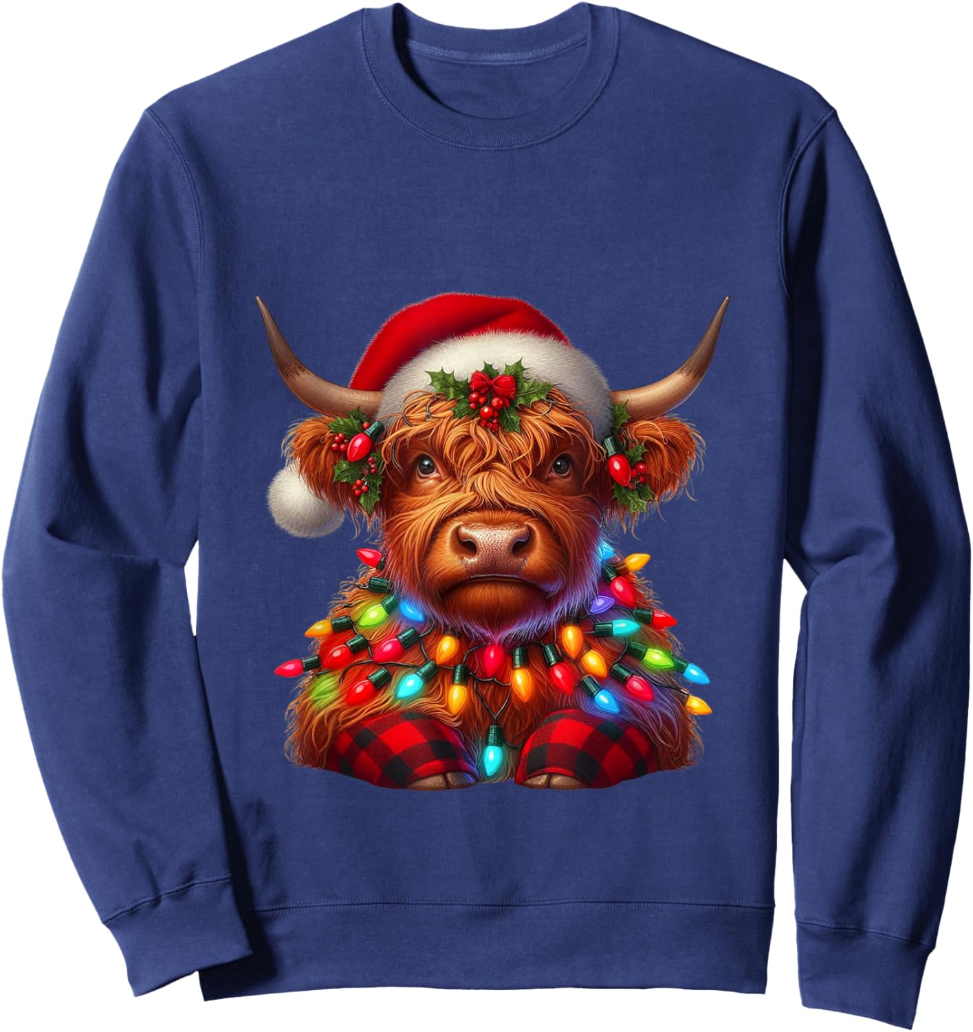 Scottish Highland Cow Christmas Santa Hat Lights Xmas Pajama Sweatshirt - Sweatshirt | Navy