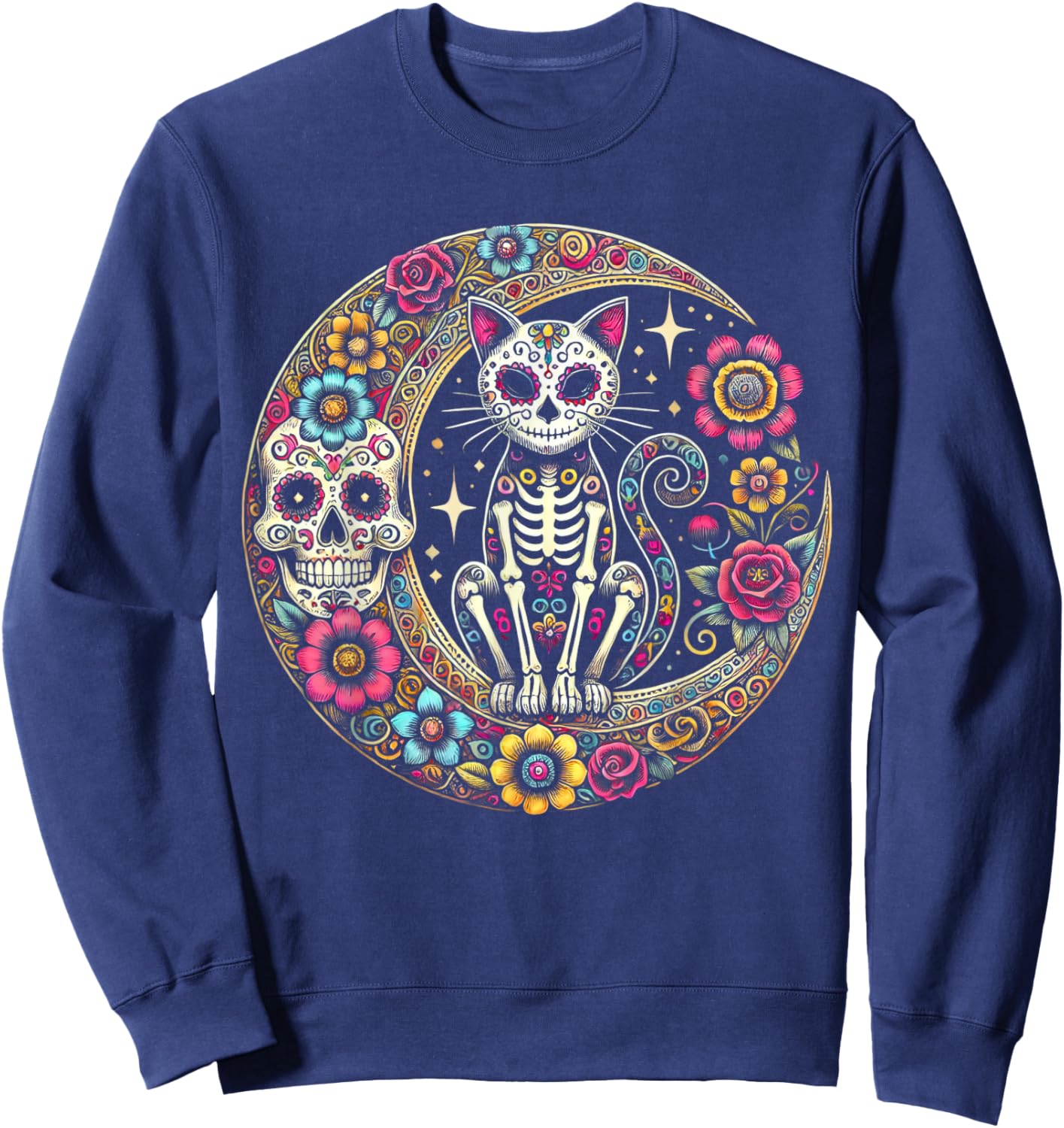 Cat Moon Dia De Los Muertos Day Of The Dead Sugar Skull Sweatshirt - Sweatshirt | Navy
