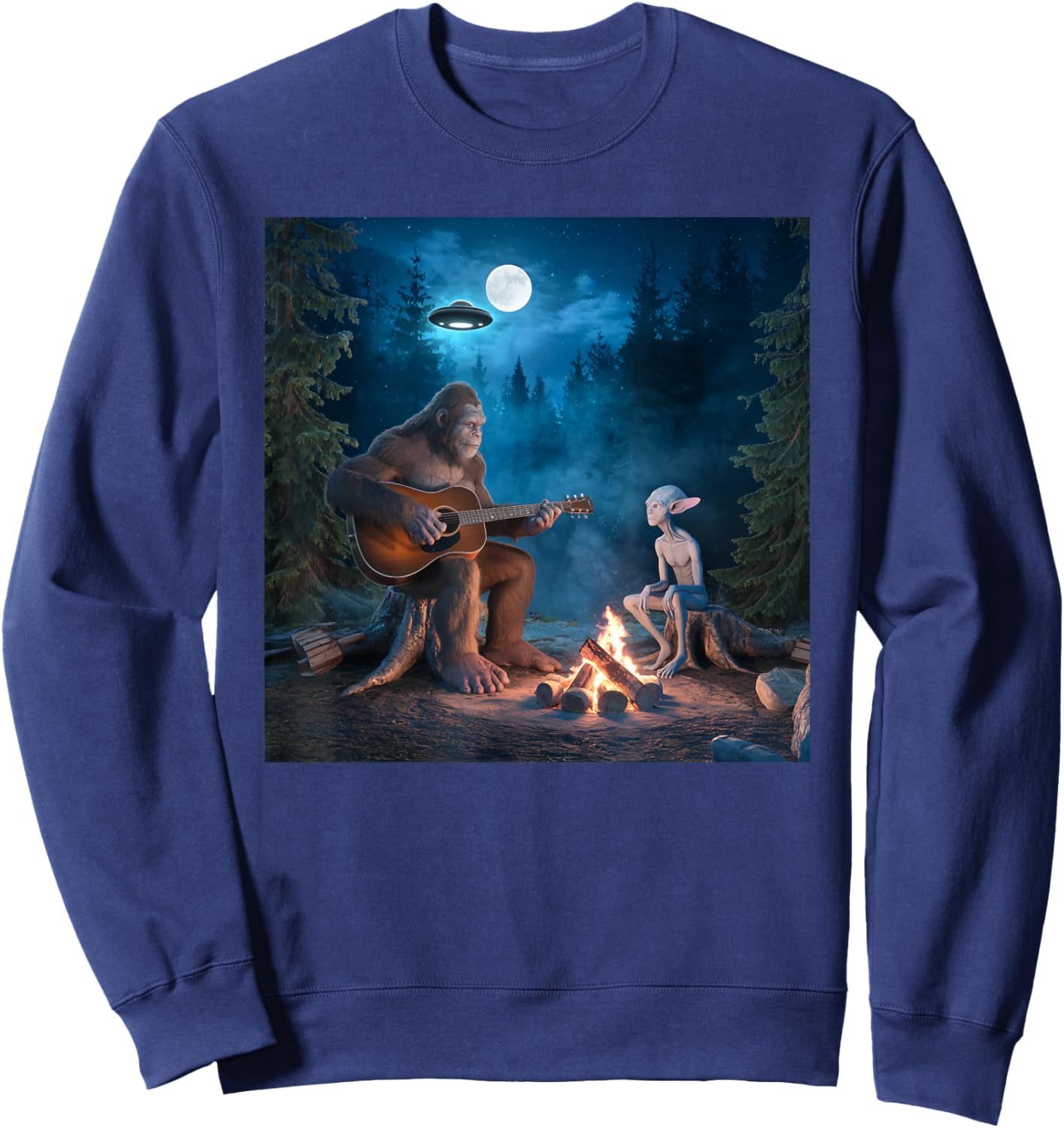 Bigfoot Alien Sasquatch Campfire UFO Music Night Scene Sweatshirt - Sweatshirt | Navy