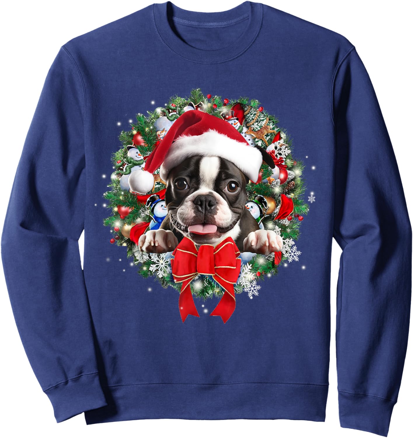 Boston Terrier Christmas Wreath Decoration Xmas Pajamas Sweatshirt - Sweatshirt | Navy
