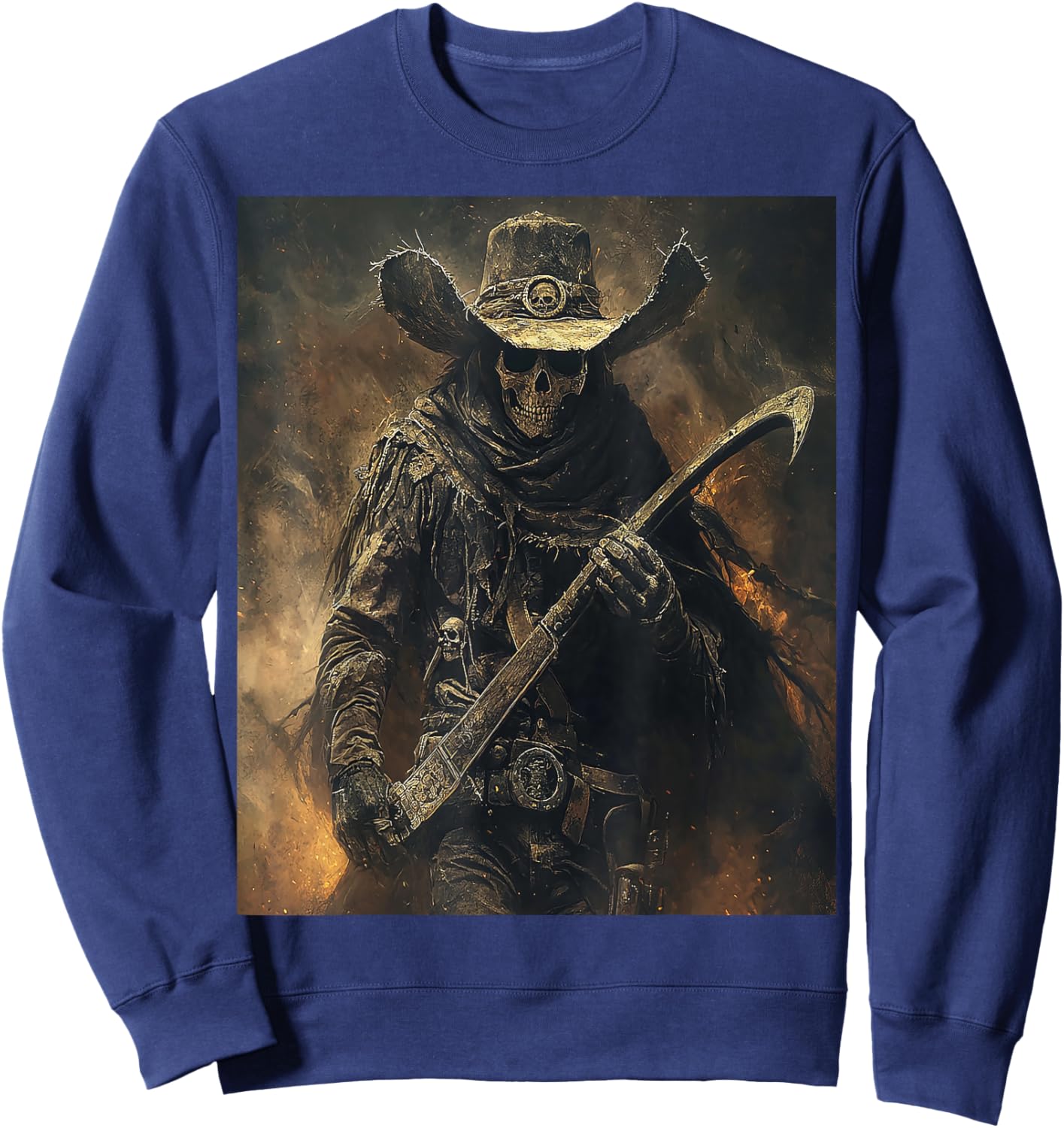 Western Grim Reaper Cowboy Wearing Hat Scythe Skull Art Sweatshirt - Sweatshirt | Navy