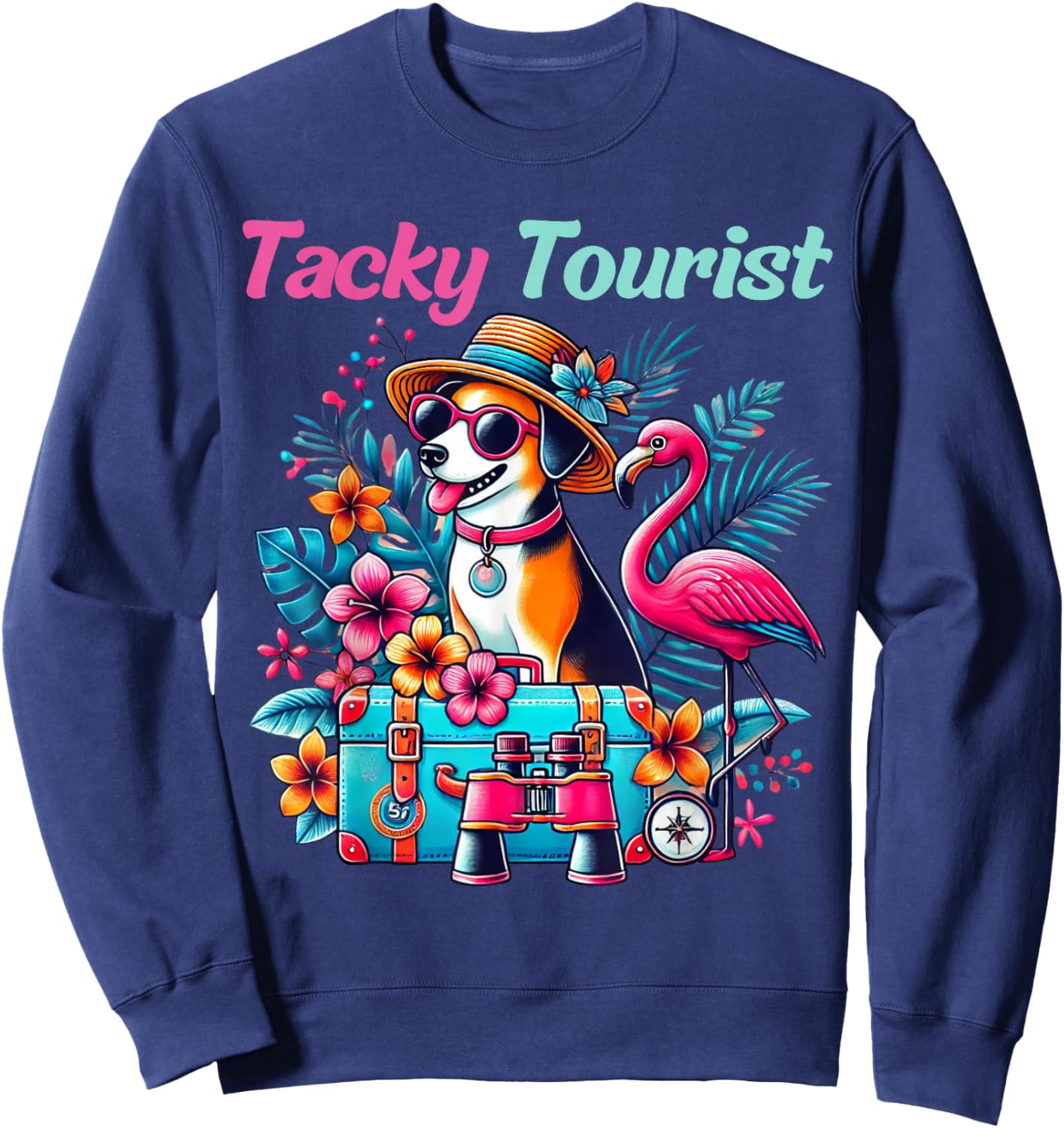 Vacation Tourist Apparel & Vintage Hawaiian Wear -Adult Tacky Tourist Outfit Wacky Cruise Costume Idea Black Cartoon Hawaiian Small Regular Fit Short Sleeve Sweatshirt - Sweatshirt | Navy