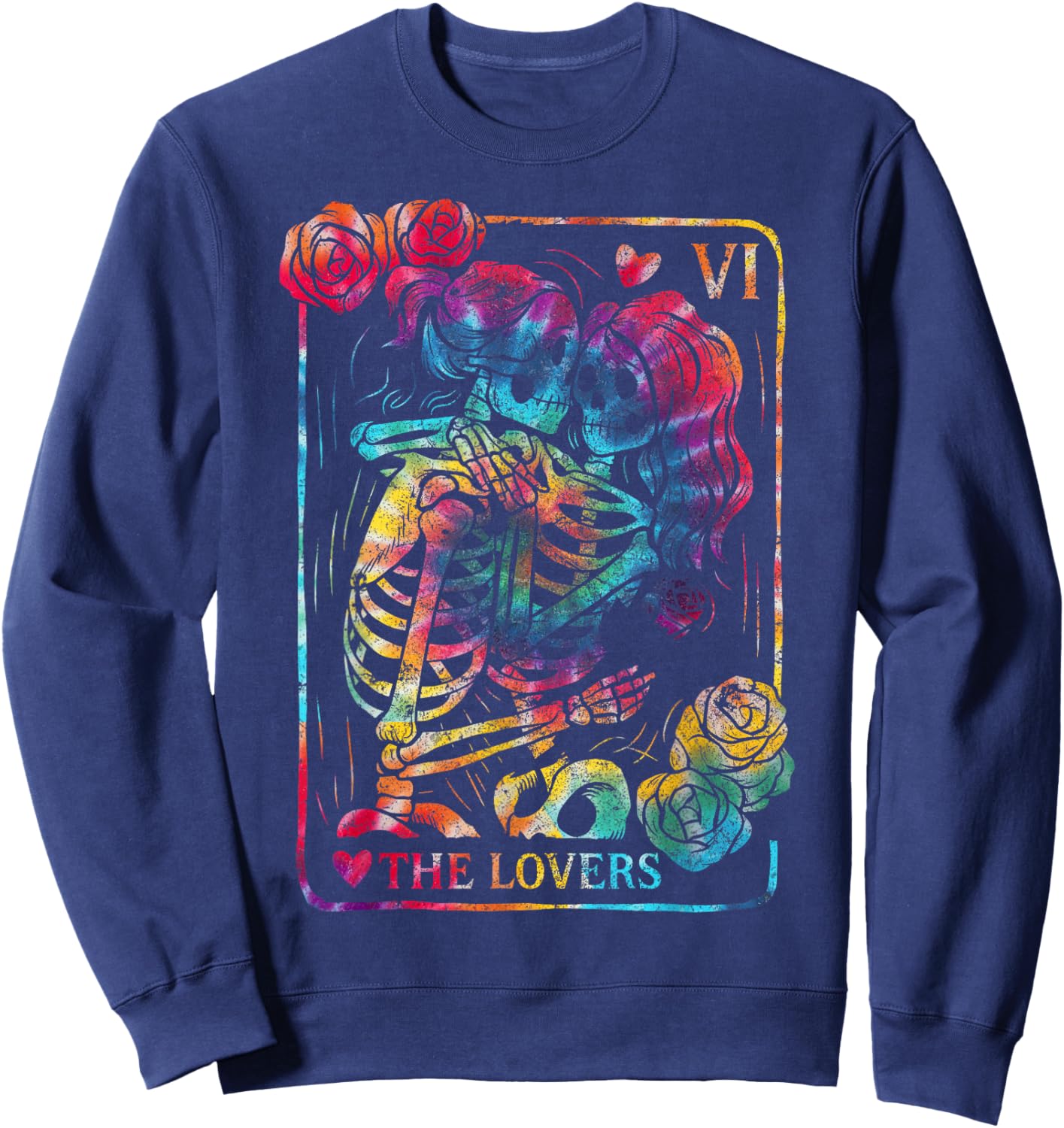The Lovers Tarot Card Gothic Occult Kissing Skeleton Roses Sweatshirt - Sweatshirt | Navy