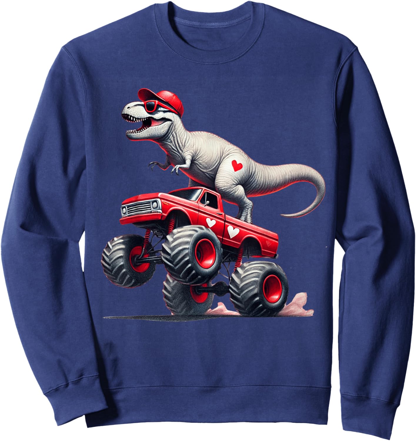 Valentines Day T Rex Riding Monster Truck Funny Toddler Boys Sweatshirt - Sweatshirt | Navy
