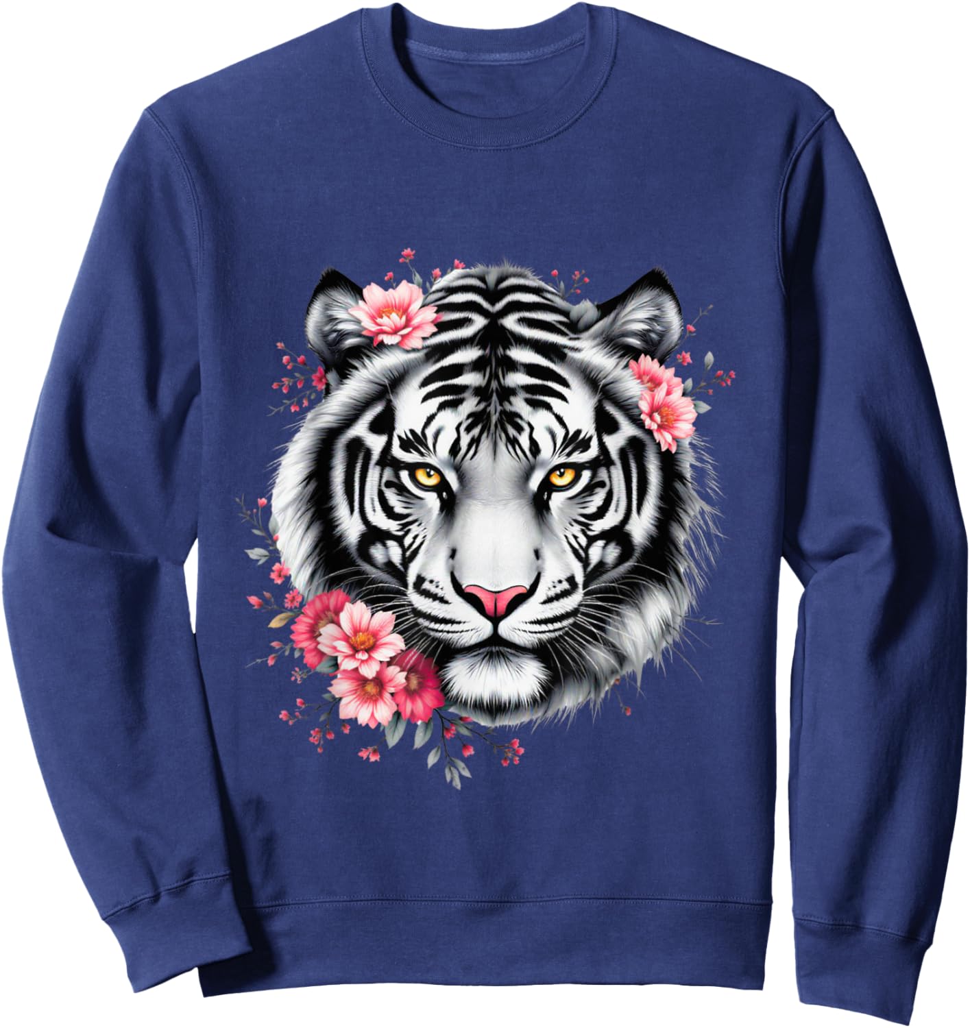 White Tiger With Flowers Graphic Sweatshirt - Sweatshirt | Navy