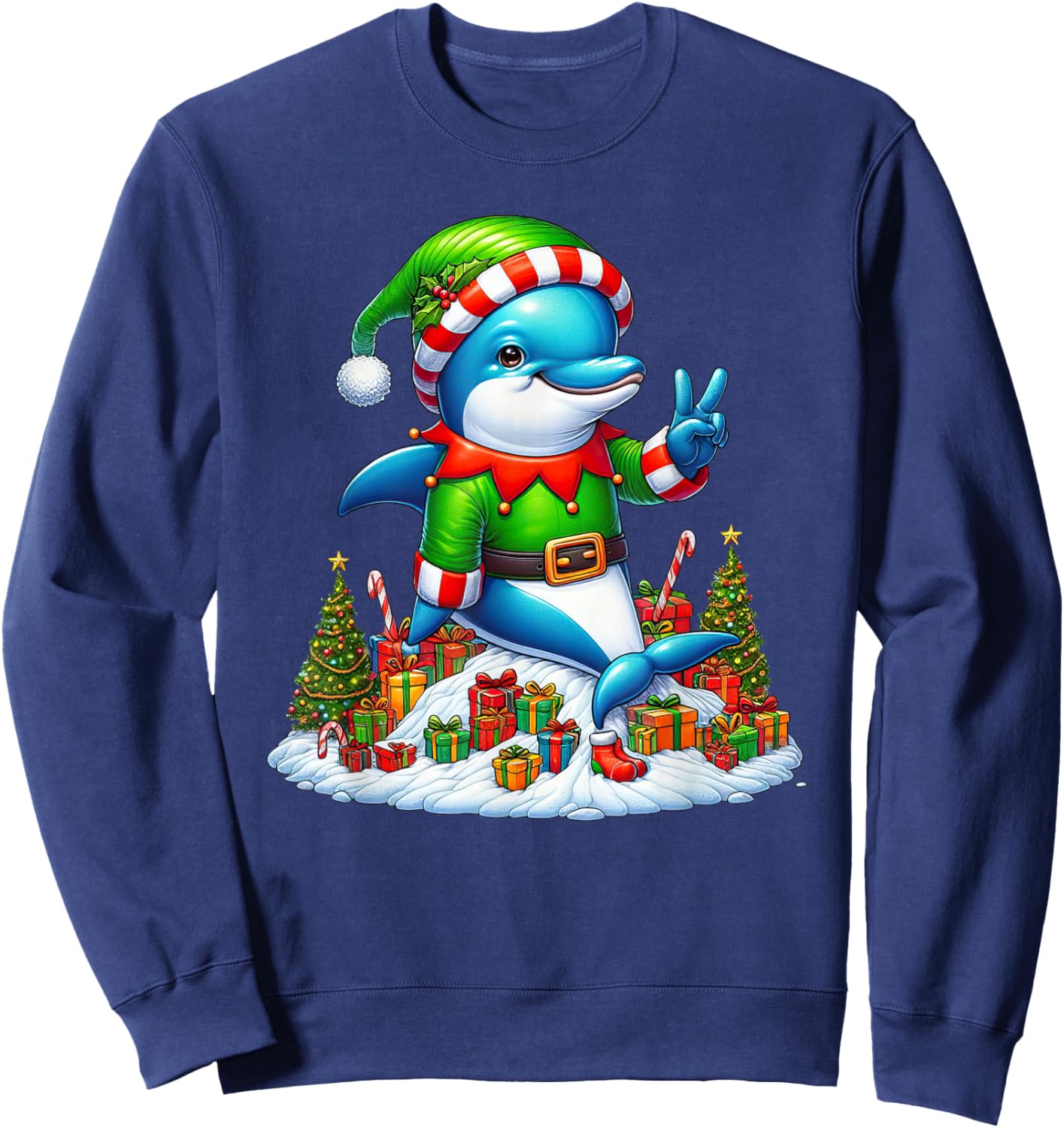 Funny Peace Hand Dolphin Elf Christmas Kids Sweatshirt - Sweatshirt | Navy