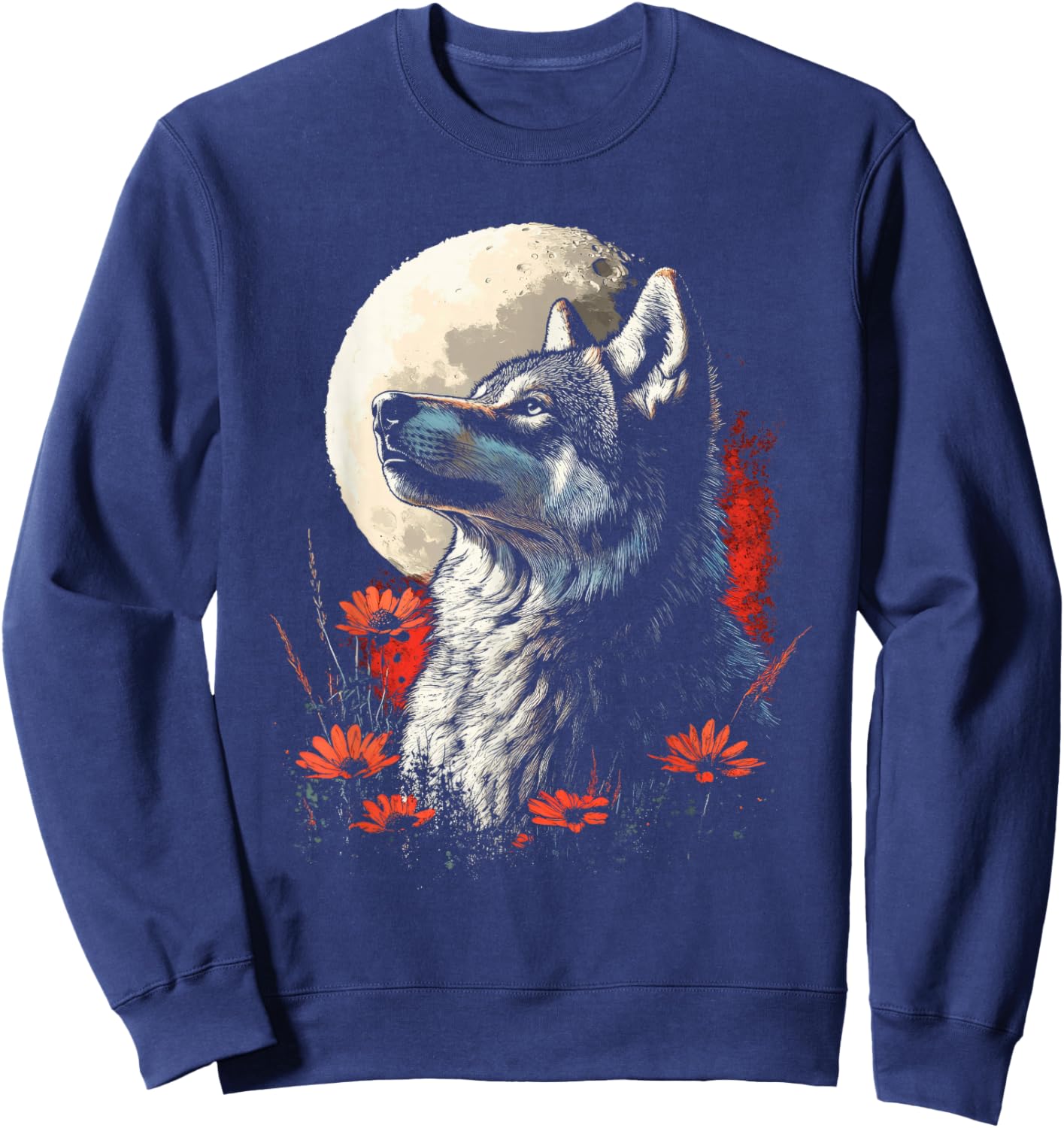 Graphic Women Men Teens Kids Wolf Animal Moon & Flowers Sweatshirt - Sweatshirt | Navy