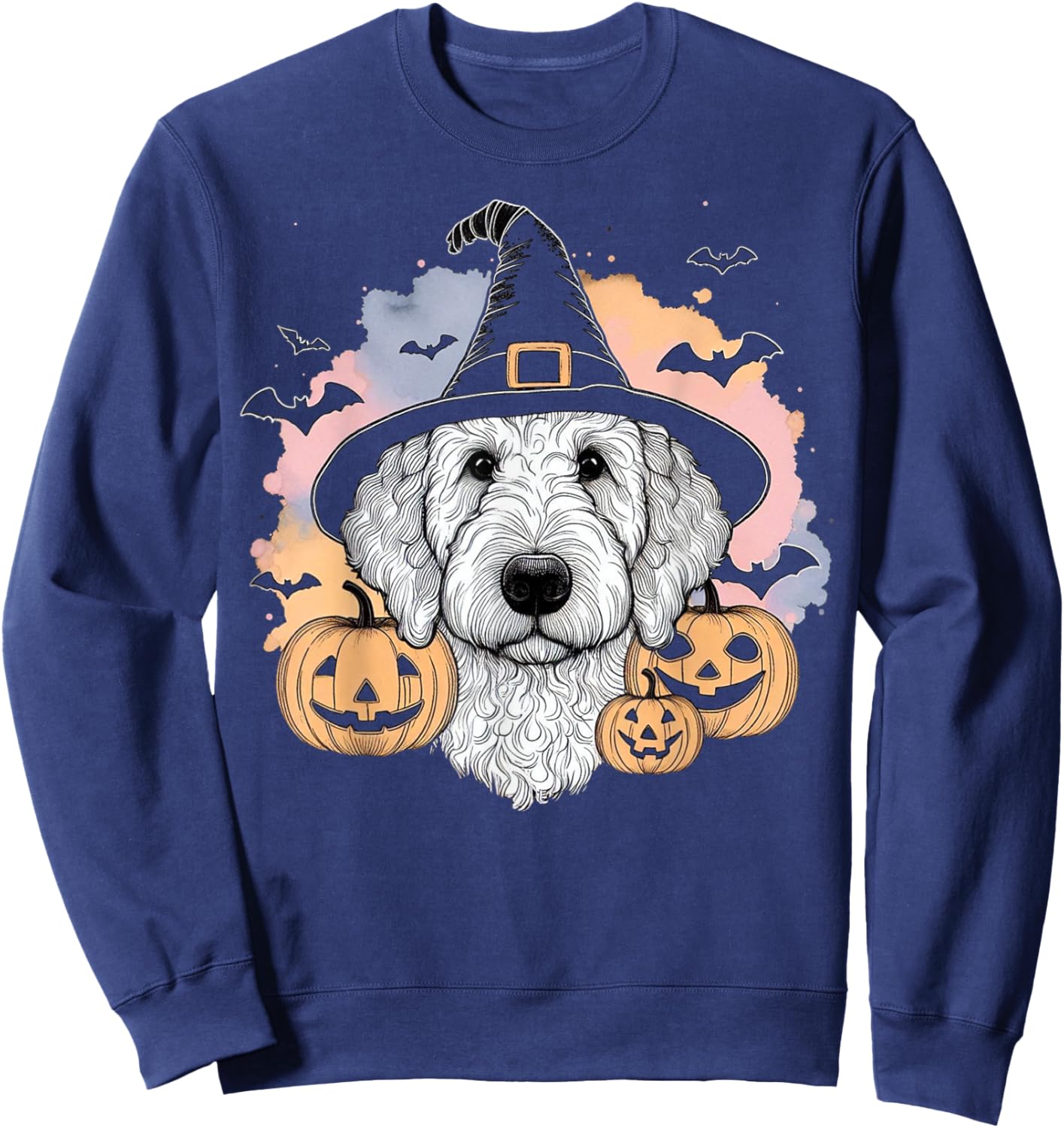 Halloween Goldendoodle Witch & Pumpkins Bats Spooky Holiday Sweatshirt - Sweatshirt | Navy