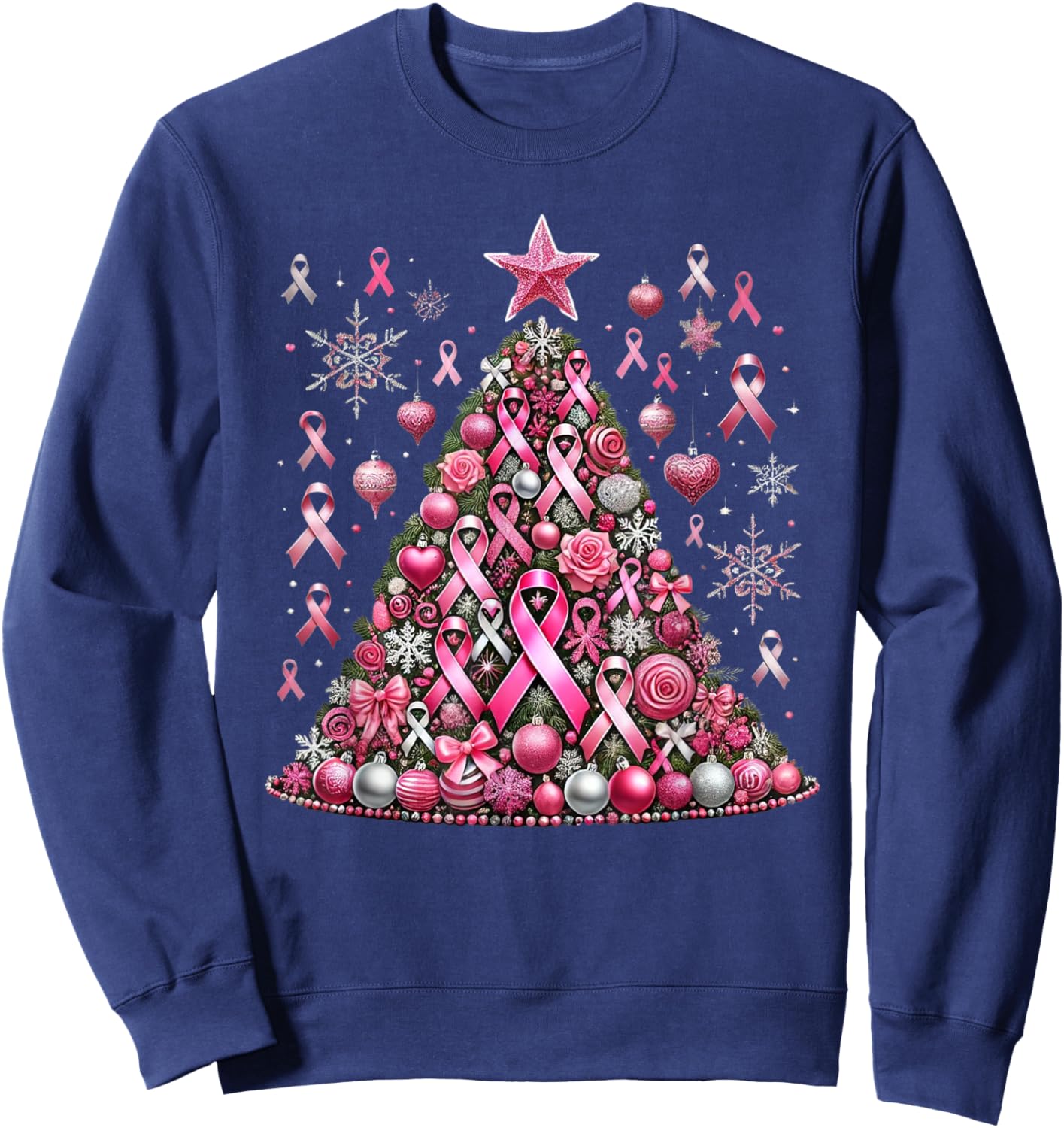 Snowflakes Ornament Decoration Breast Cancer Christmas Tree Sweatshirt - Sweatshirt | Navy