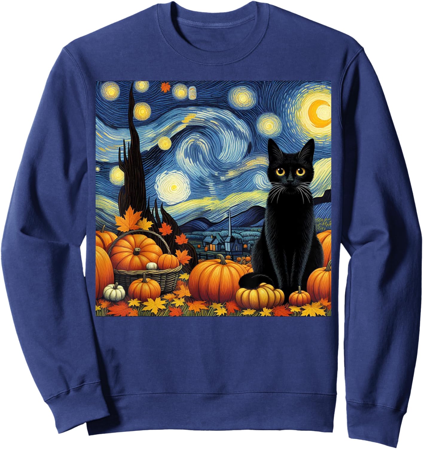 Thanksgiving Van Gogh Starry Night Black Cat Pumpkins Cat Lo Sweatshirt - Sweatshirt | Navy