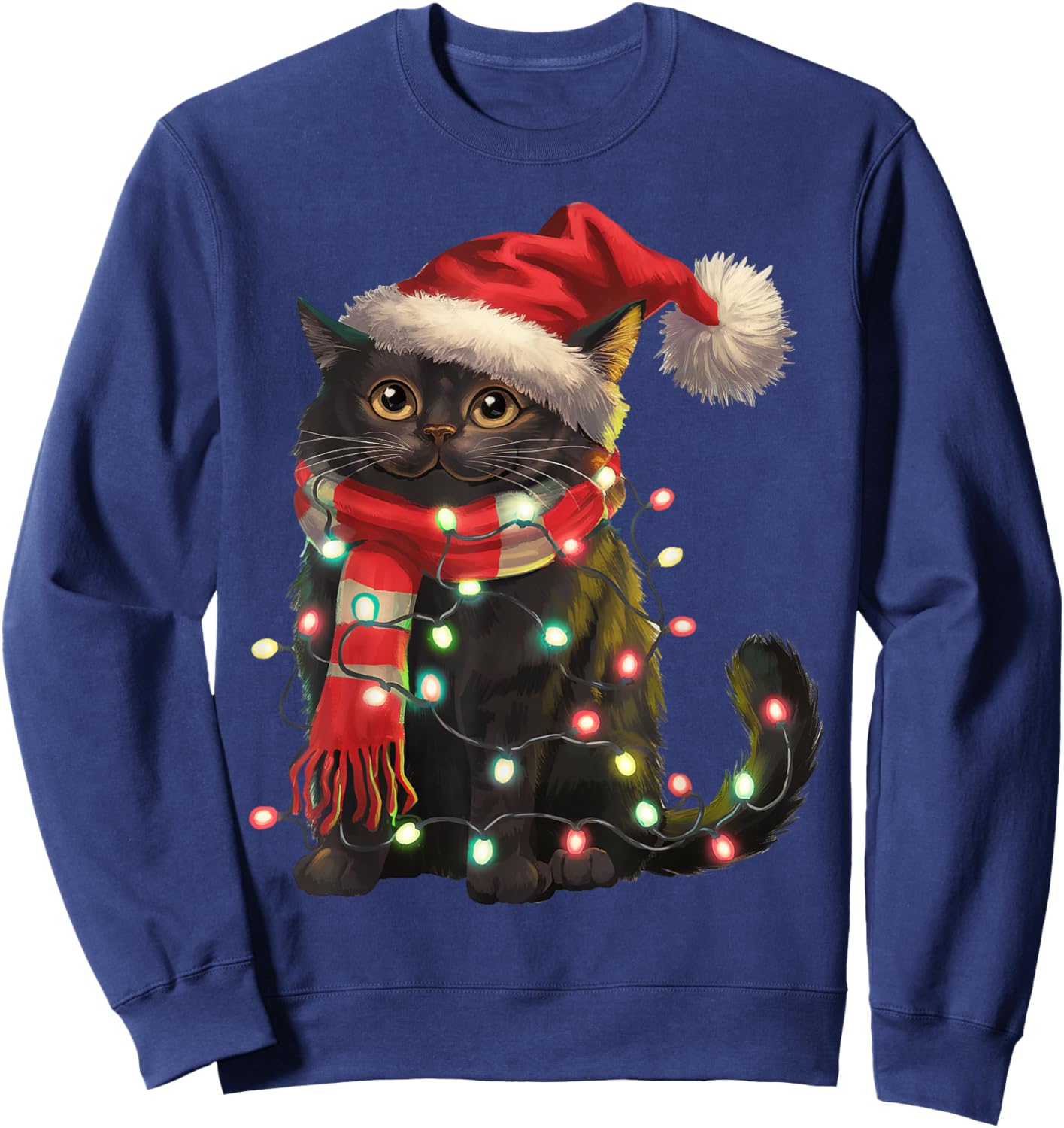 Black Cat Christmas Lights Santa Hat Christmas Cat Lover Women Kids Sweatshirt - Sweatshirt | Navy