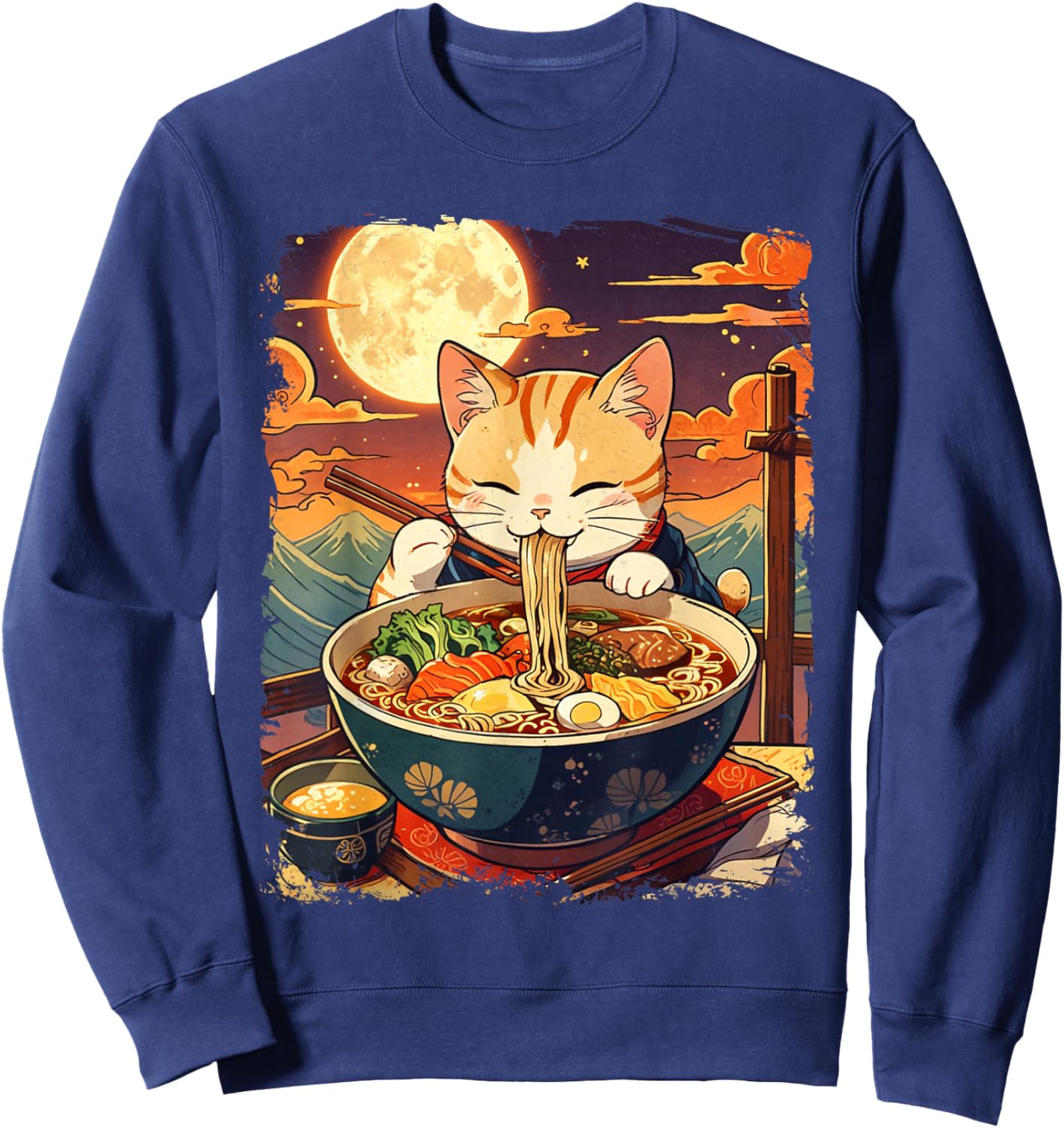Cat Eating Ramen Japanese Noodles Vintage Ukiyo-e Art Sweatshirt - Sweatshirt | Navy