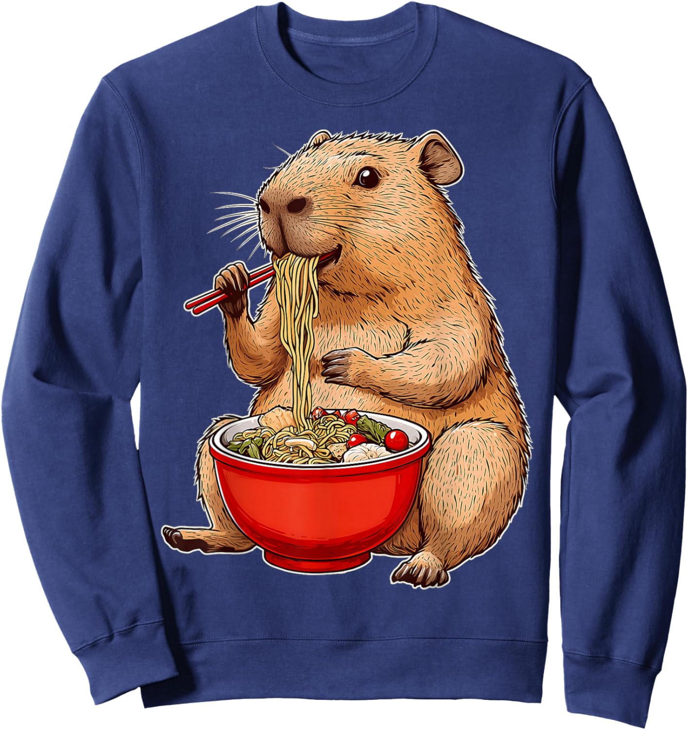 Capybara Capibara Ramen Japanese Noodles - -Adult, Black, Small, Short Sleeve, , Cartoon People Graphic, Gift Ideas Sweatshirt - Sweatshirt | Navy