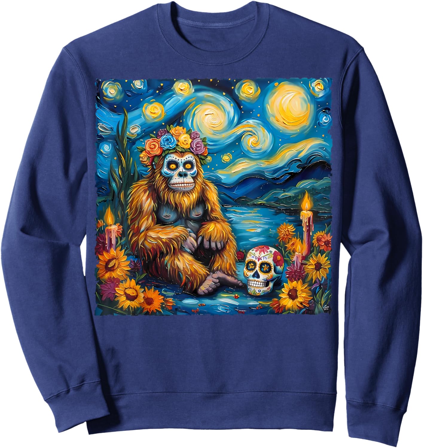 Bigfoot Van Gogh Style The Starry Night Day Of Dead Funny Sweatshirt - Sweatshirt | Navy
