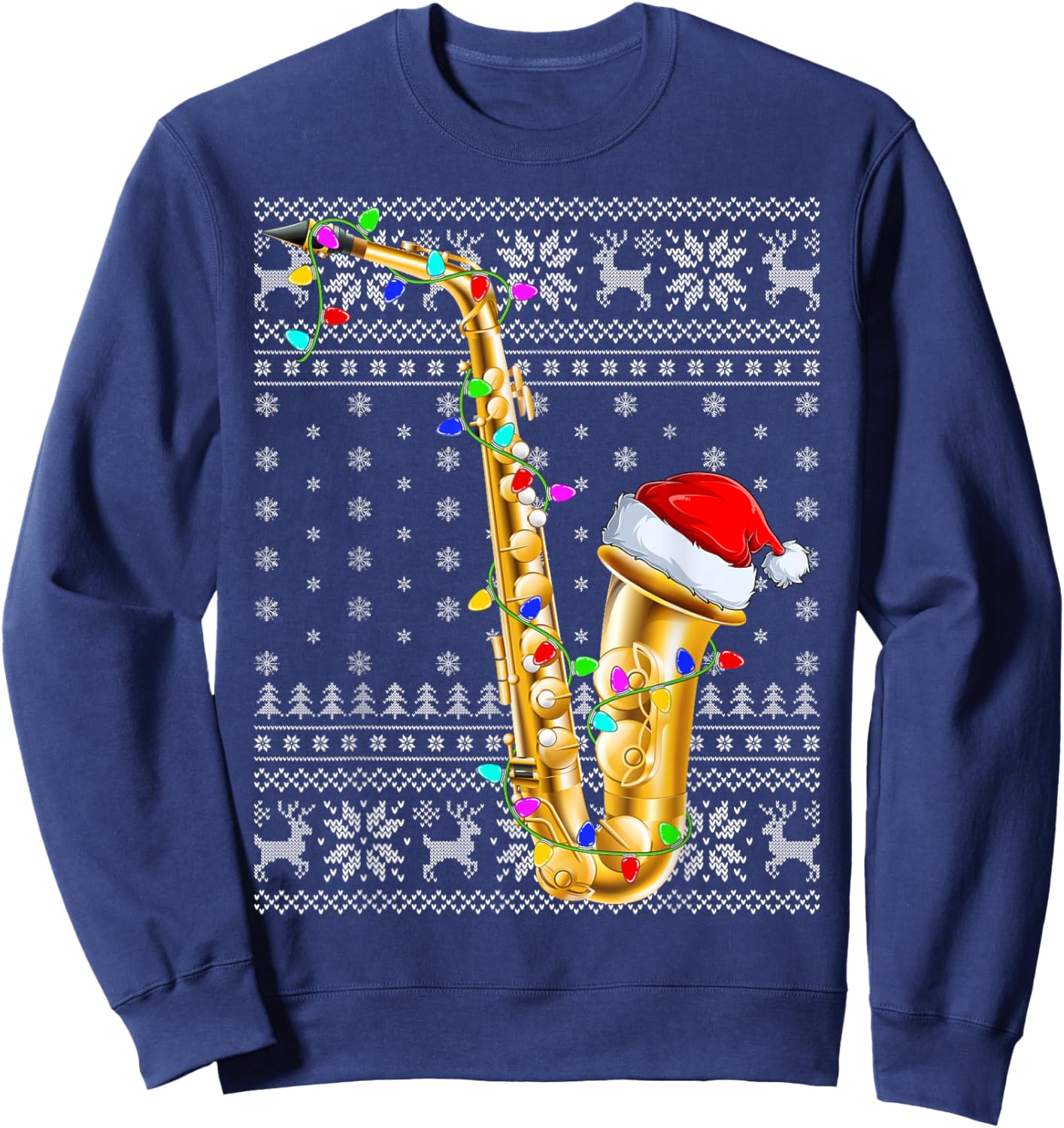 Ugly Sweater Xmas Lights Santa Musical Saxophone Christmas Sweatshirt - Sweatshirt | Navy