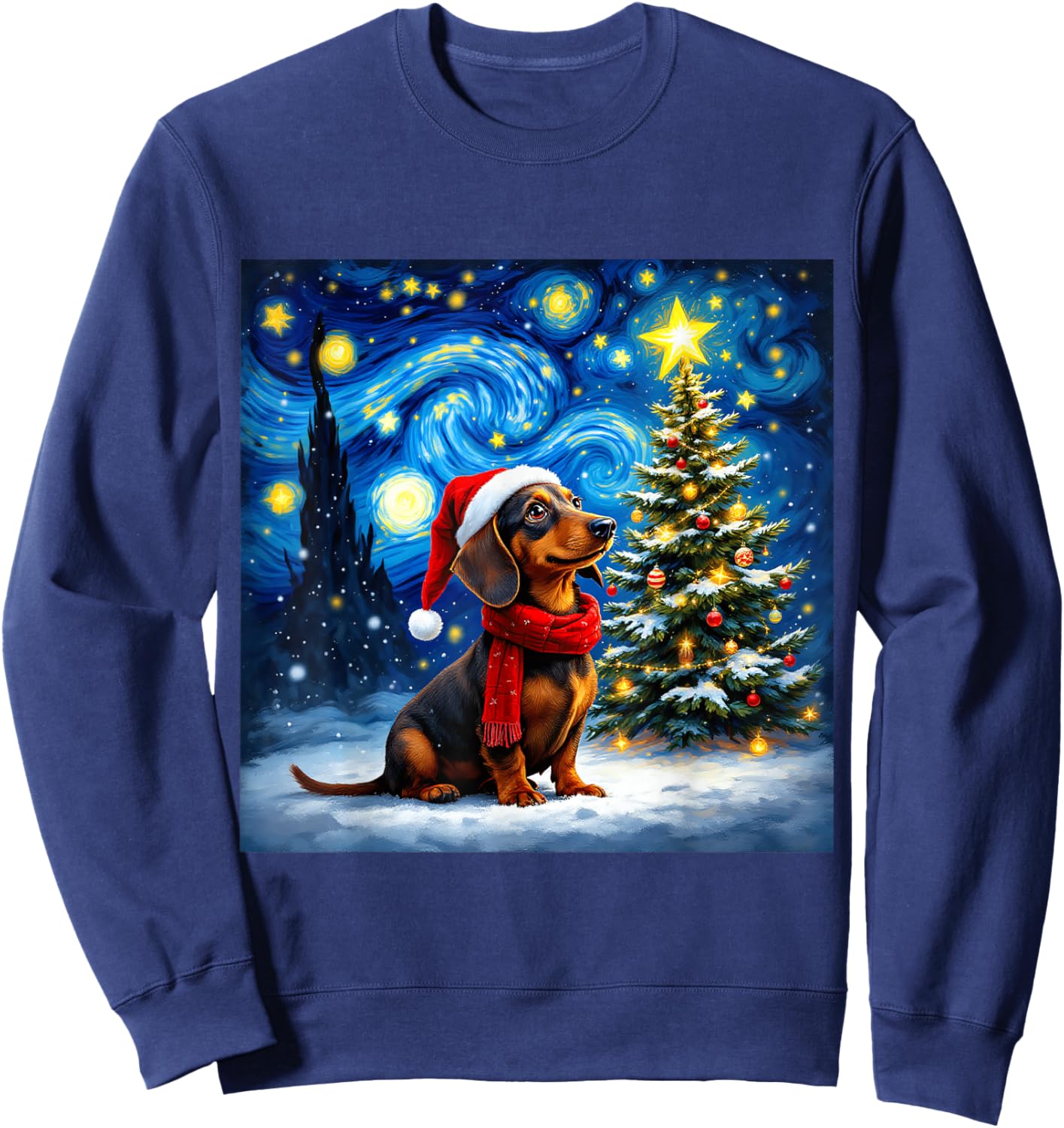 Dachshund Starry Night Christmas Van Gogh Dog Santa Hat Sweatshirt - Sweatshirt | Navy