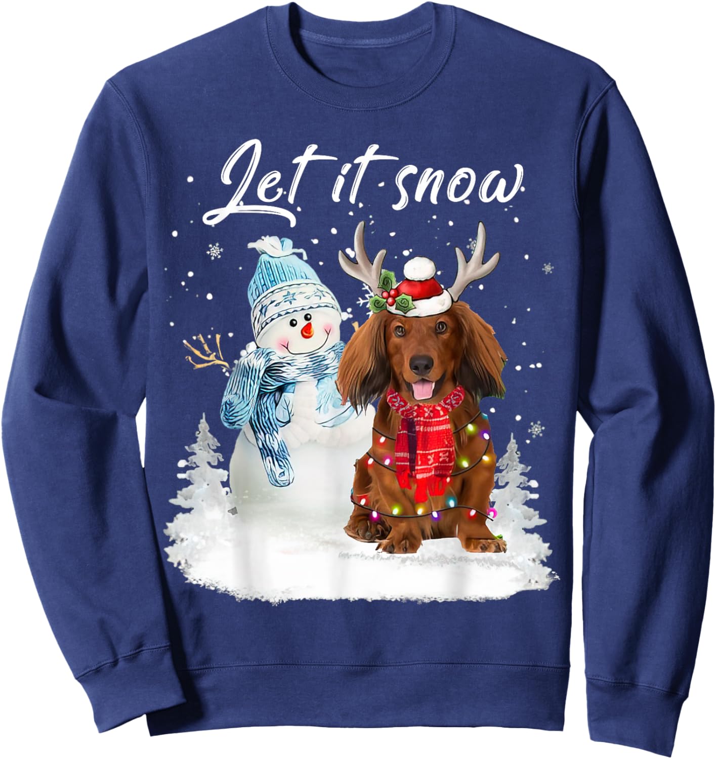 Red Long Haired Dachshund Santa Dog Christmas Snowman Xmas Sweatshirt - Sweatshirt | Navy