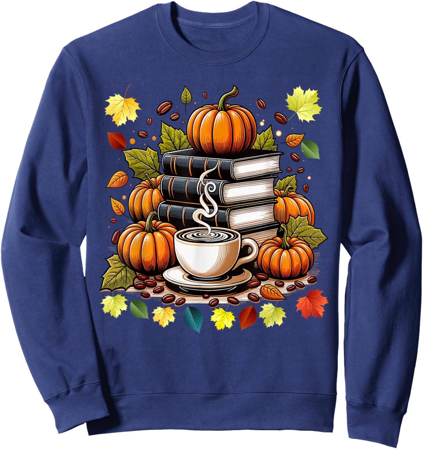 Books Coffee Fall Leaves and Pumpkins Vintage Library Sweatshirt - Sweatshirt | Navy