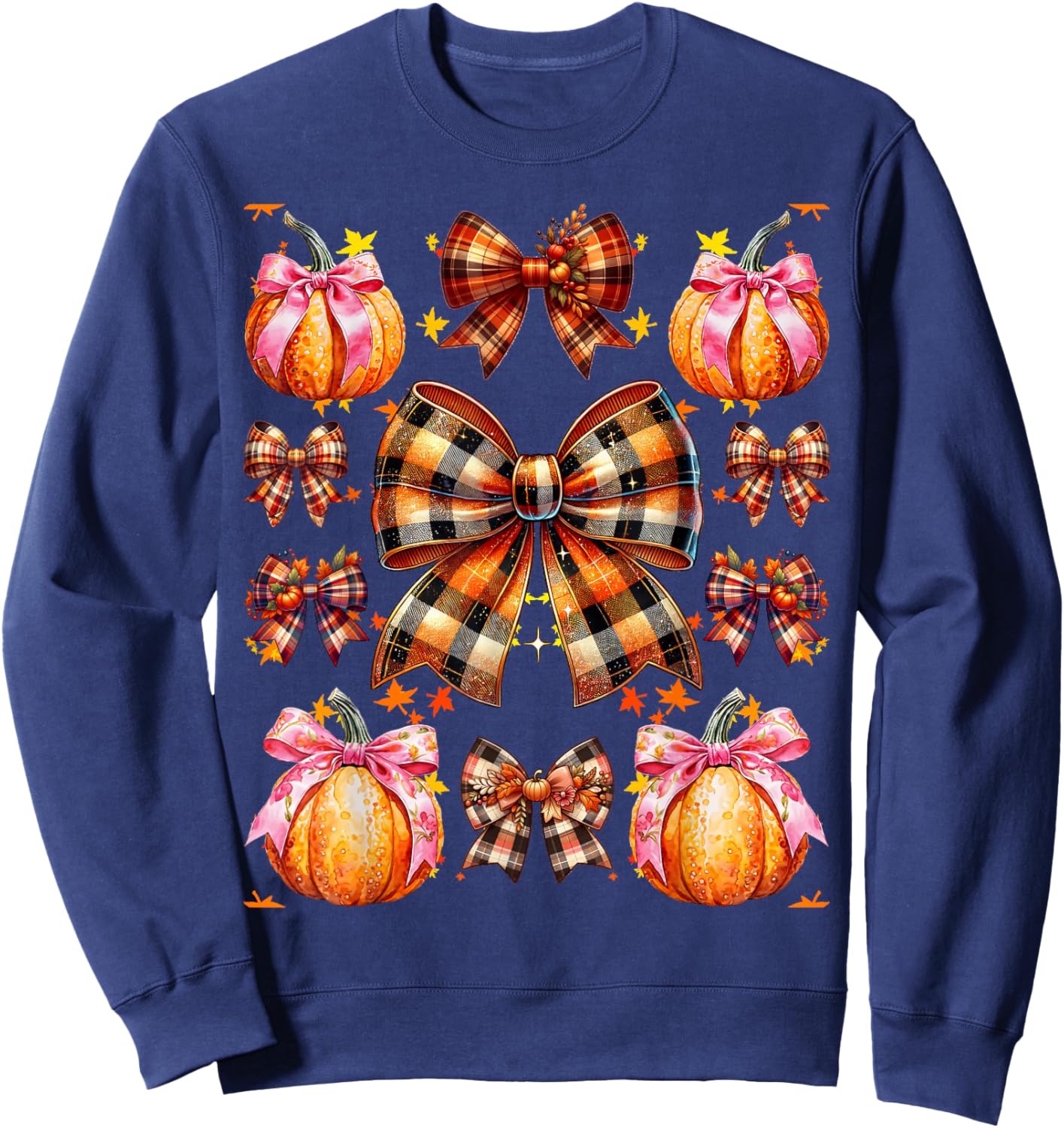Coquette Bow Pumpkin Season Thanksgiving Autumn Fall Leaves Sweatshirt - Sweatshirt | Navy