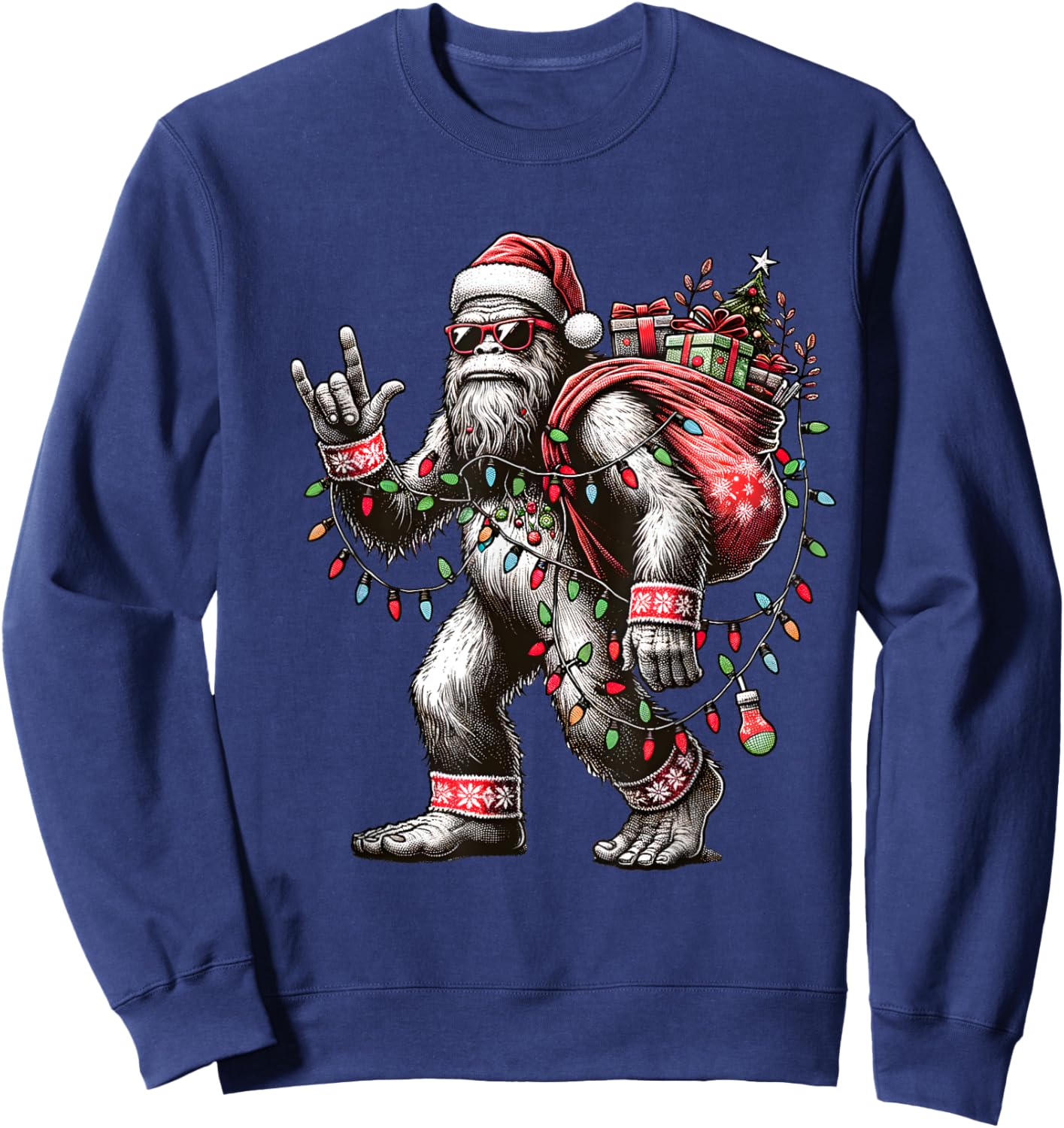 Funny Bigfoot Christmas Santa Sasquatch with Lights Sweatshirt - Sweatshirt | Navy