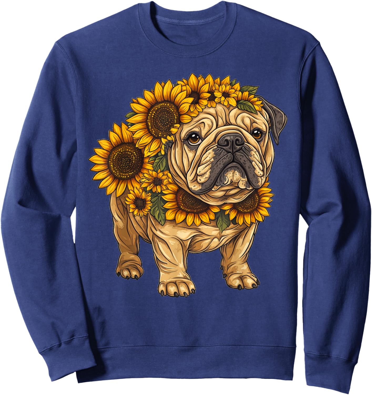 Sunflower English Bulldog Dog Flower Gardening Floral Sweatshirt - Sweatshirt | Navy
