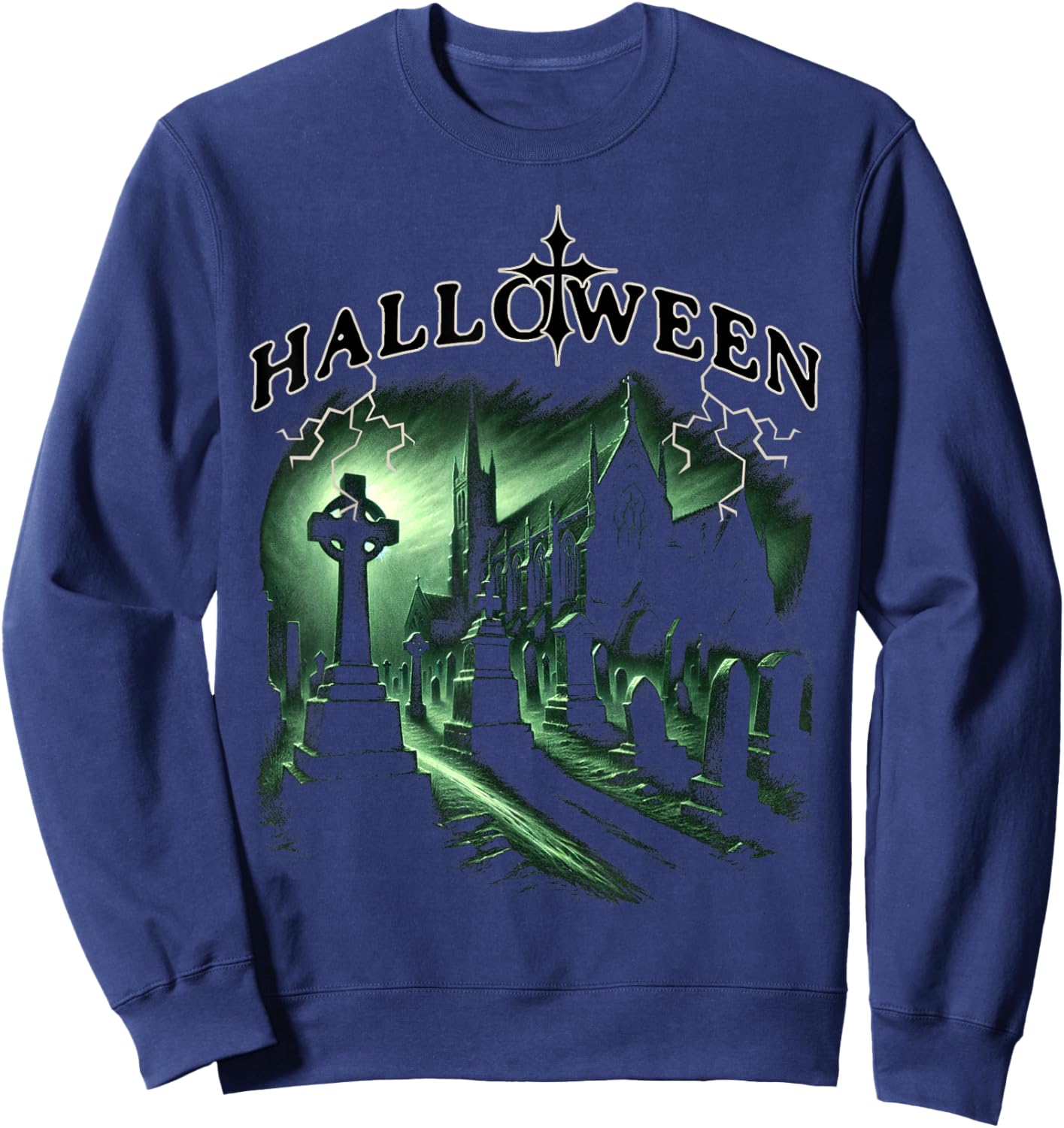 Halloween Spooky Churchyard Gothic Graveyard Scene Sweatshirt - Sweatshirt | Navy