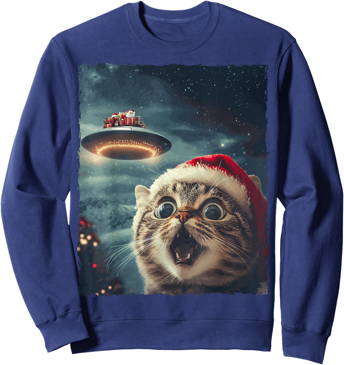 Funny Cat Selfie Santa Ufo Xmas Christmas Sweatshirt - Sweatshirt | Navy