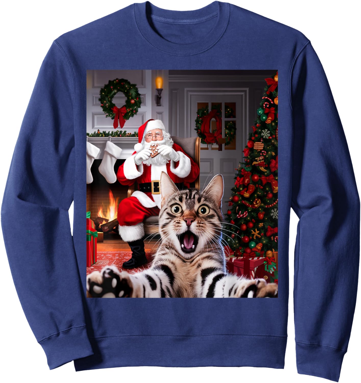Christmas Funny Cat Selfie with Santa Claus Cute Holiday Sweatshirt - Sweatshirt | Navy