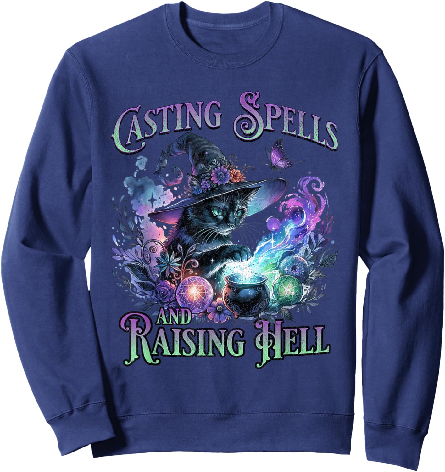 Casting Spells and Raising Hell Black Cat Witch Spooky Sweatshirt - Sweatshirt | Navy