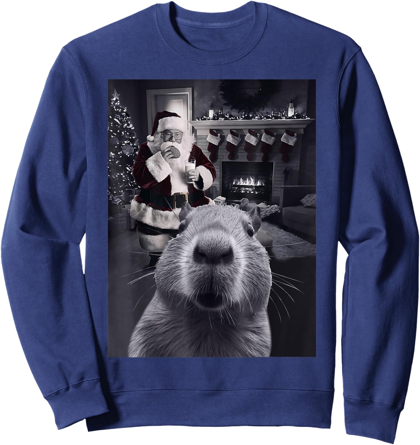 Funny Graphic Capybara Selfie with Santa Capy Xmas Rodent PJ Sweatshirt - Sweatshirt | Navy