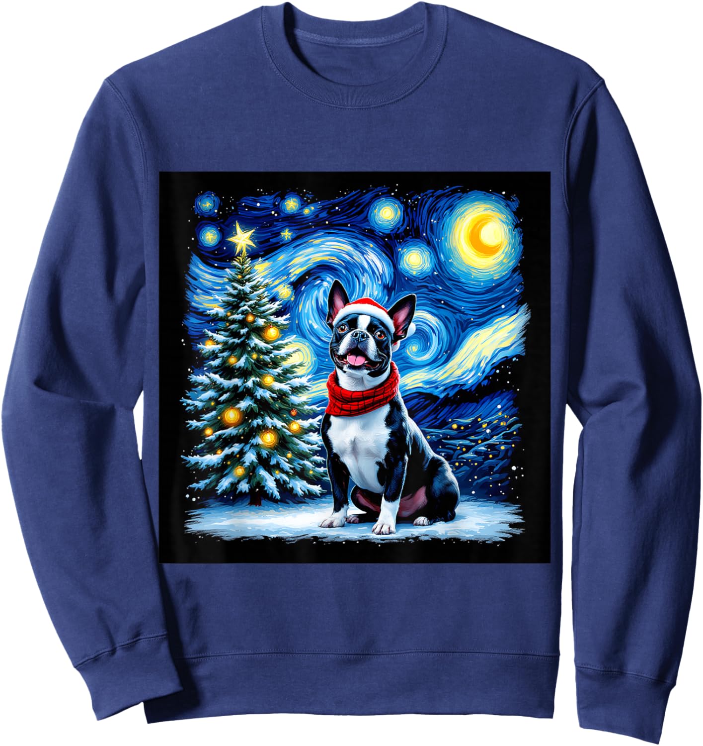 Boston Terrier Starry Night Christmas Van Gogh Dog Santa Hat Sweatshirt - Sweatshirt | Navy