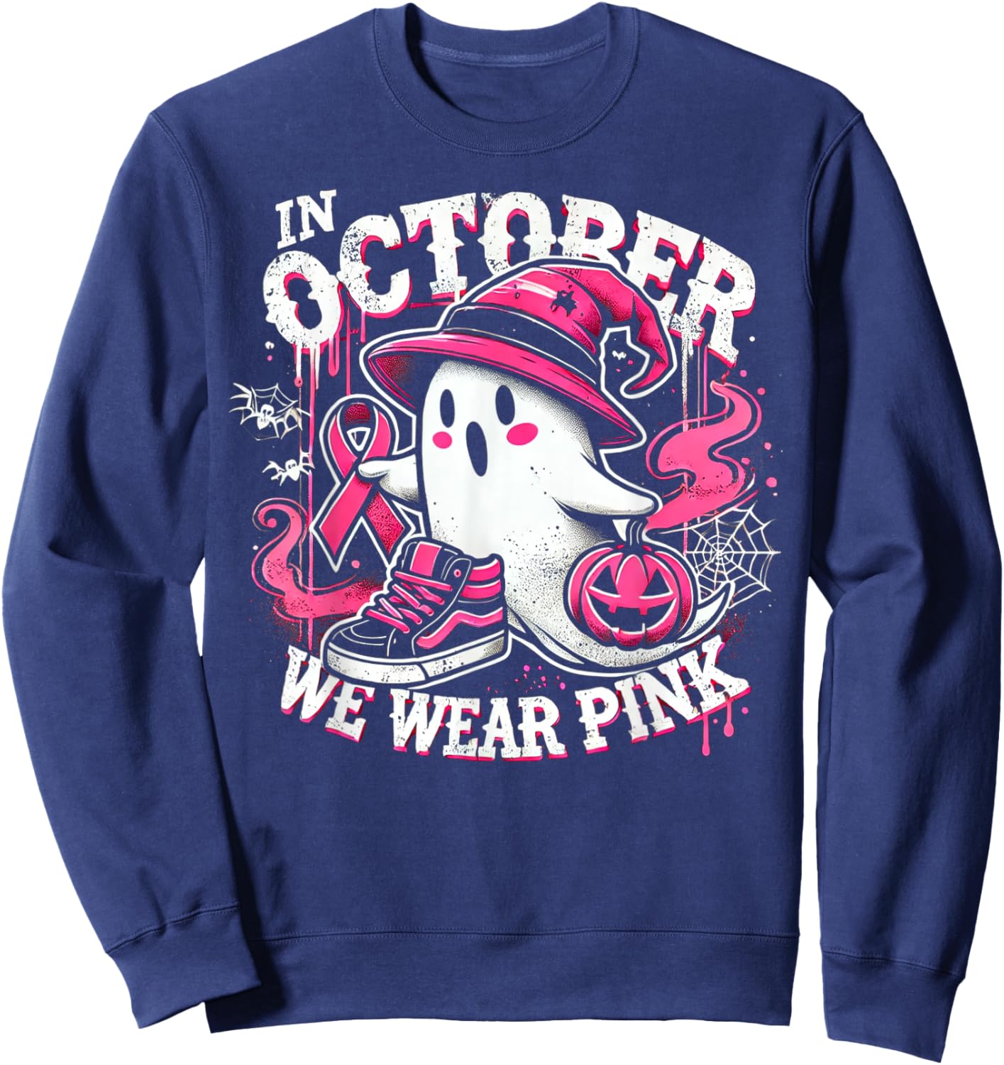 We Wear Pink in october Ghost Breast Cancer Awareness Sweatshirt - Sweatshirt | Navy