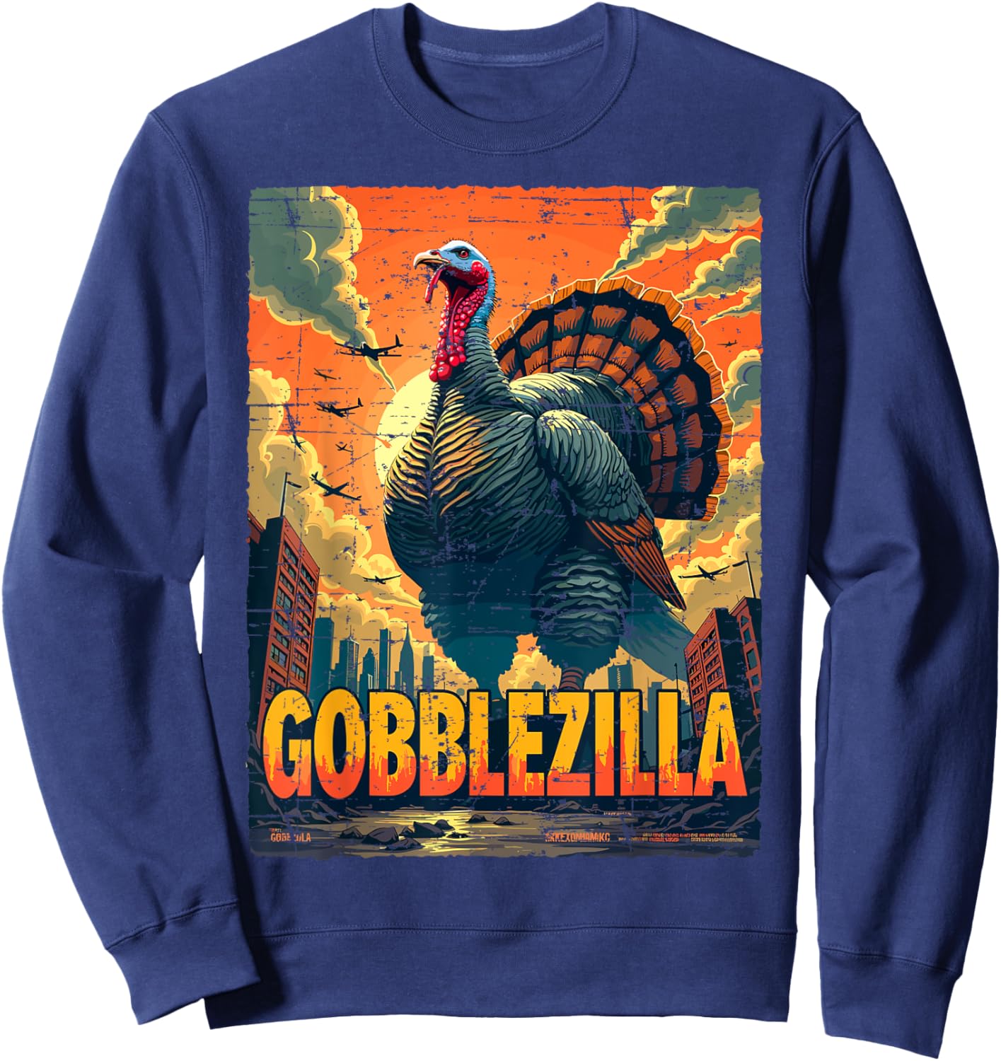 Vintage Funny Thanksgiving Day Gobblezilla Turkey Humor Sweatshirt - Sweatshirt | Navy