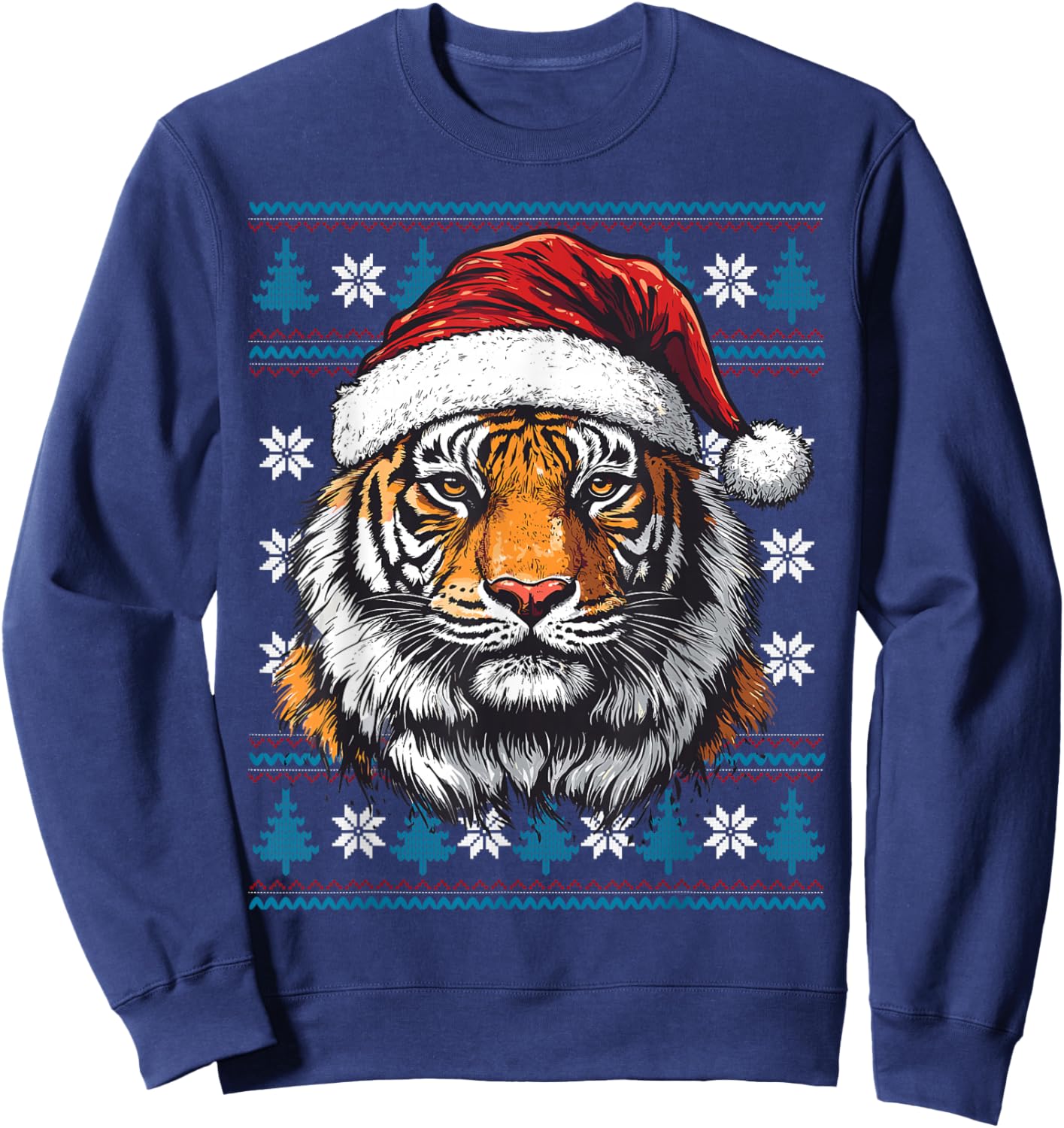Tiger Santa Hat Ugly Christmas Sweater Tiger Lovers Holiday Sweatshirt - Sweatshirt | Navy