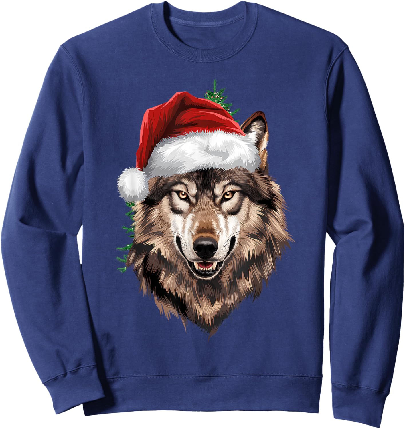 Wolf Christmas Funny Xmas tree Wearing Santa Hat Sweatshirt - Sweatshirt | Navy