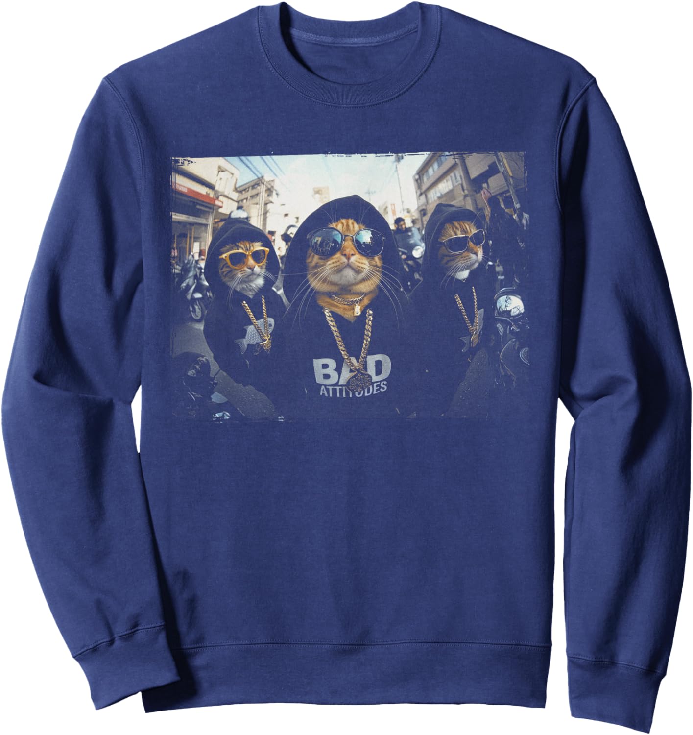 Hip Hop Gangster Cats Metal Rocker Sunglasses Feline Humor Sweatshirt - Sweatshirt | Navy