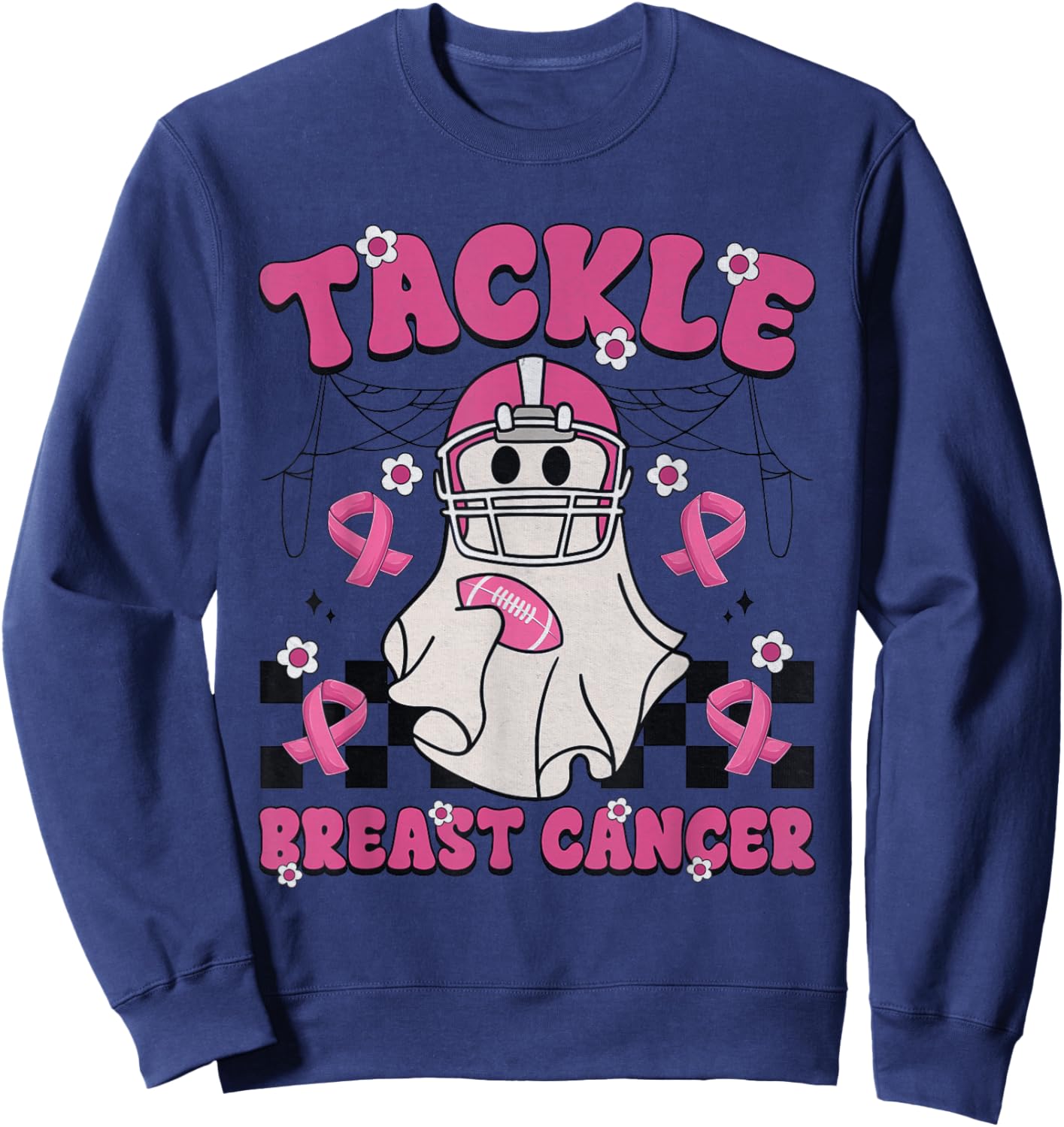Tackle Breast Cancer Football Funny Ghost Pink Halloween Sweatshirt - Sweatshirt | Navy