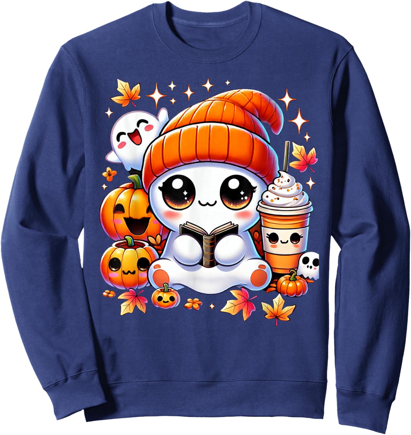 Cute Ghost Reading Book Pumpkins Fall Chocolate Halloween Sweatshirt - Sweatshirt | Navy