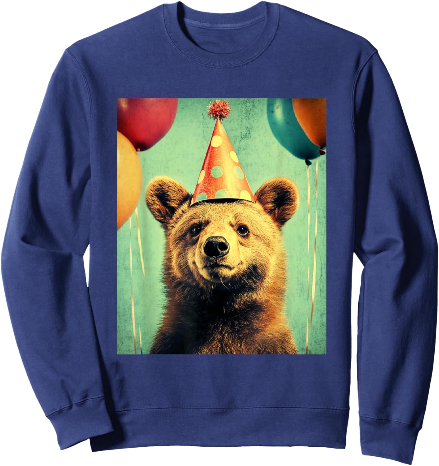 Bear Retro Art Print Birthday Party Balloons & Party Hat Sweatshirt - Sweatshirt | Navy