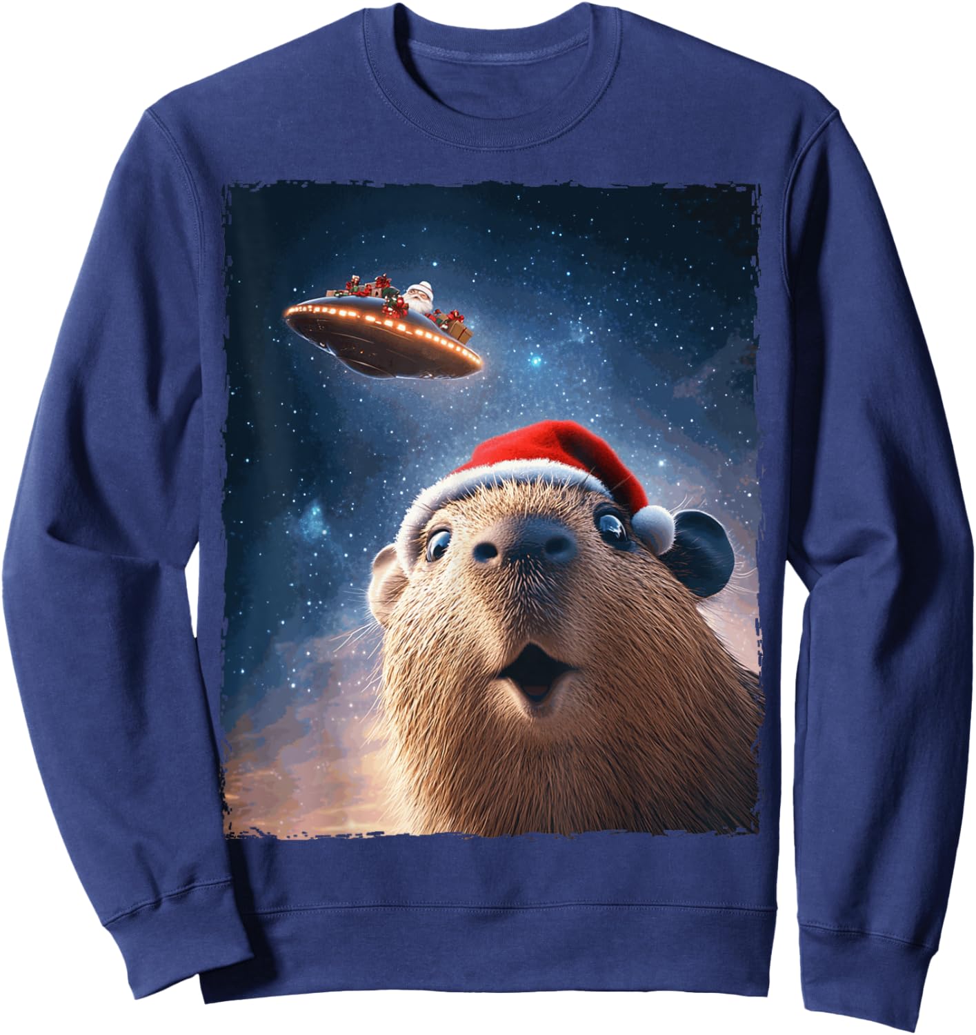 Funny Capybara Selfie Santa Ufo Xmas Christmas Sweatshirt - Sweatshirt | Navy