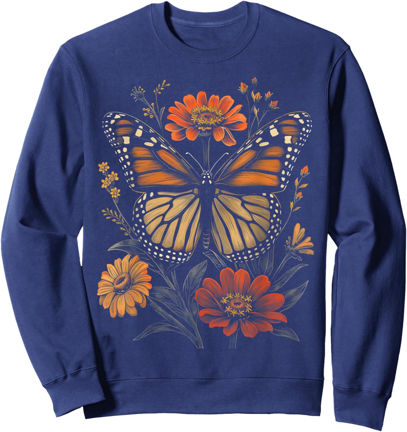 Vintage Monarch Butterfly Zinnias Flower Girl Plant Mom Sweatshirt - Sweatshirt | Navy