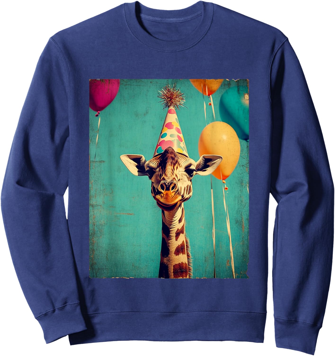 Giraffe Animal Zoo Birthday Party Apparel -Kids Retro Art Print Giraffe Birthday Party Black Short Sleeve Small Sweatshirt - Sweatshirt | Navy