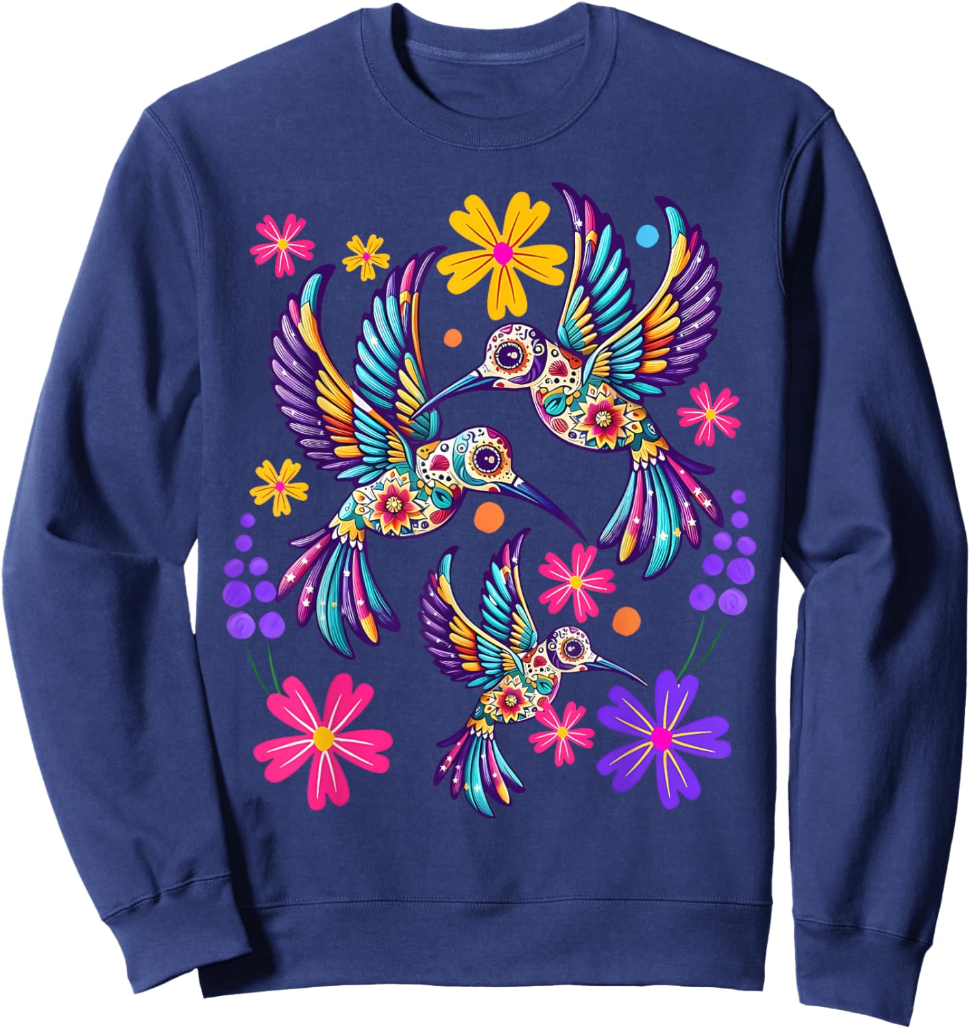 Hummingbird Colorful Mexican Flowers Bird Floral Nature Sweatshirt - Sweatshirt | Navy