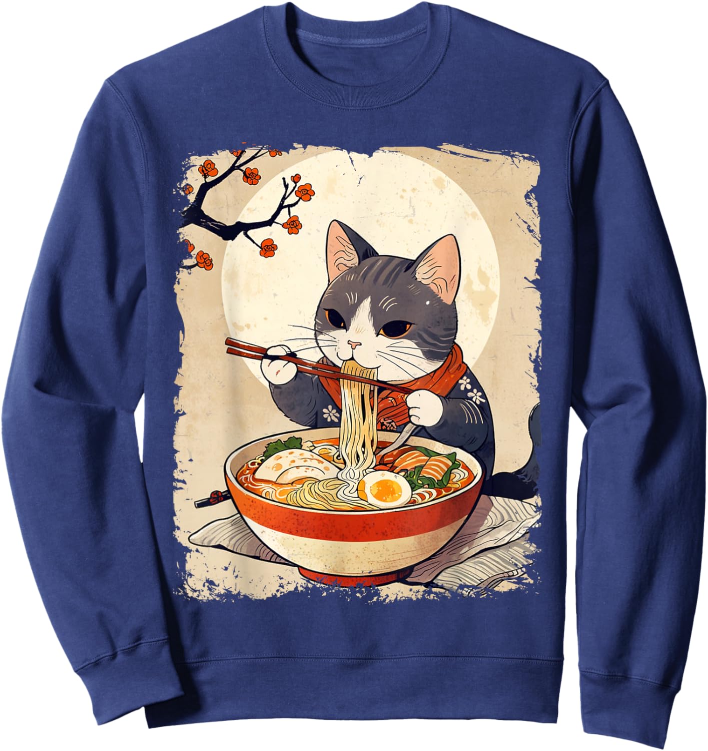 Cat Ramen Japanese Funny Graphic Kawaii Cat Anime Ukiyo-e Sweatshirt - Sweatshirt | Navy