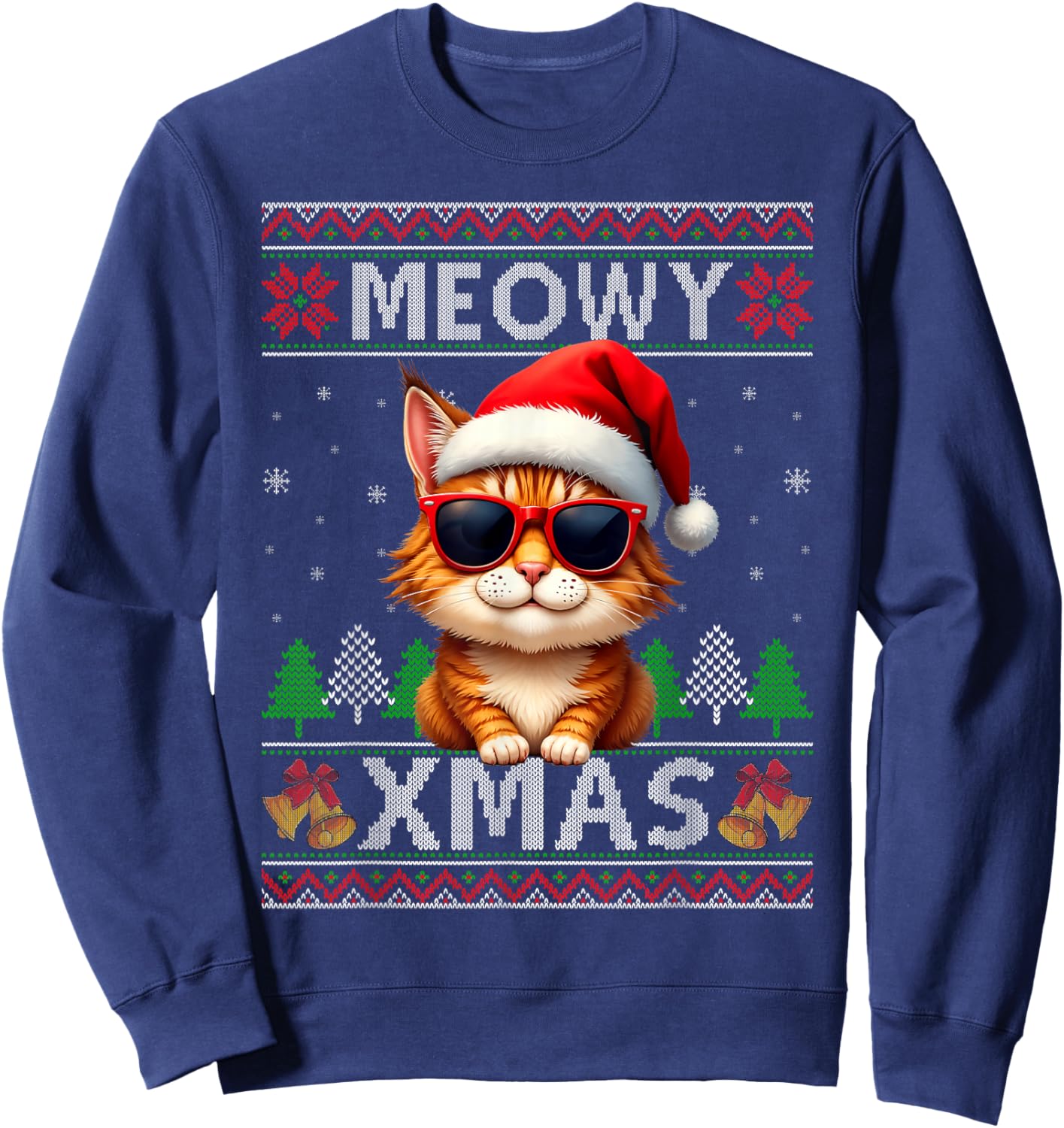 Meowy Xmas Cat Sunglasses Xmas Lights Ugly Christmas Sweater Sweatshirt - Sweatshirt | Navy