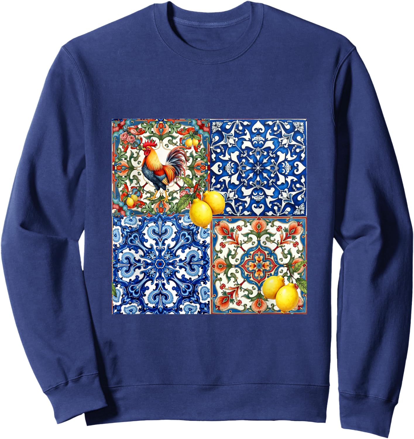 Rooster bird, Italian style,citrus,lemon,folklore pattern Sweatshirt - Sweatshirt | Navy