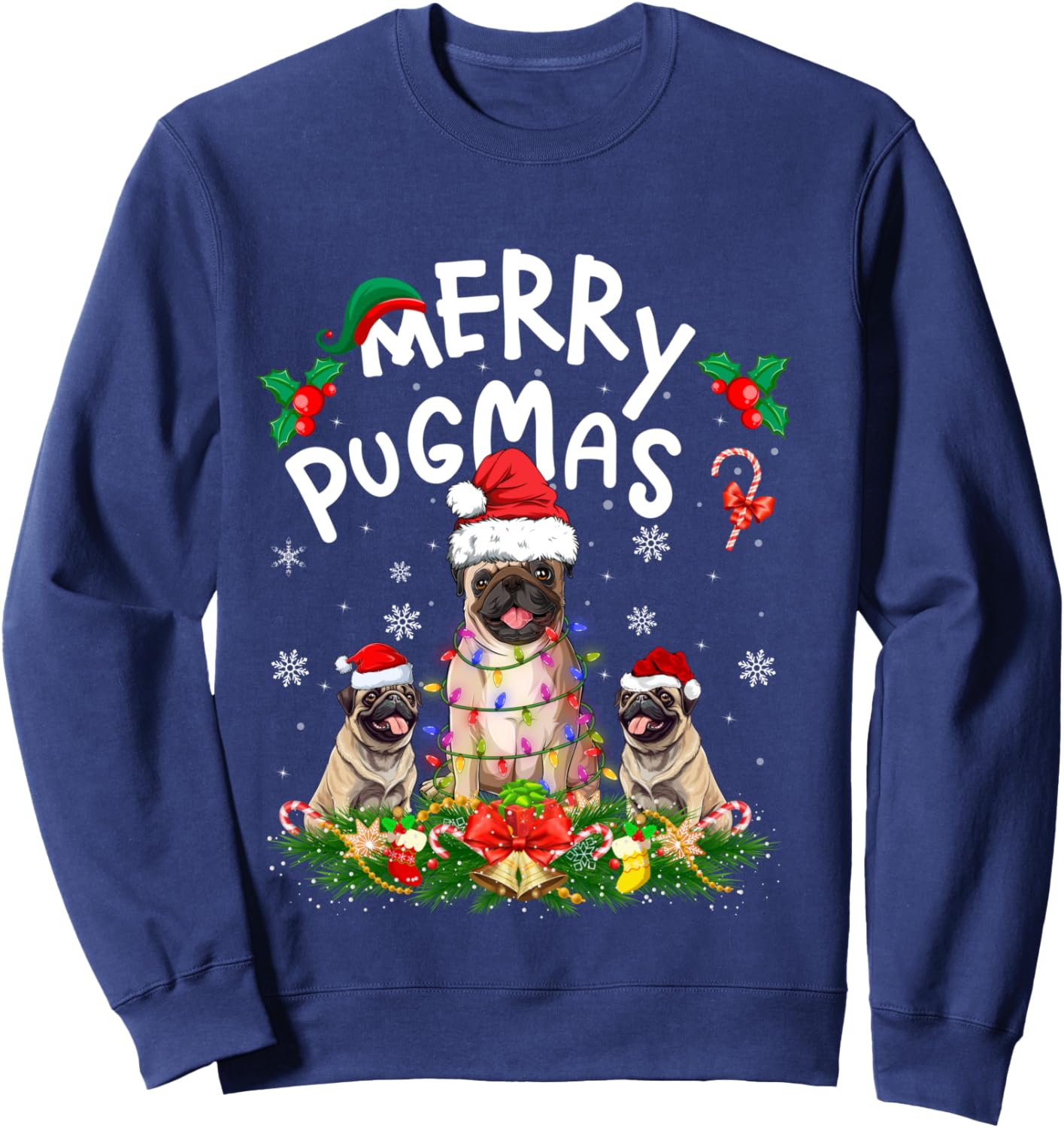 Merry Pugmas Xmas Lighting Santa Pug Dog Christmas Sweatshirt - Sweatshirt | Navy