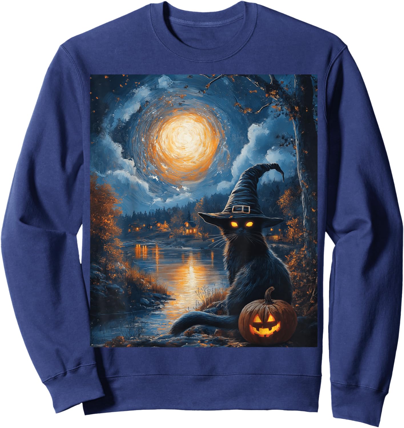 Halloween Van Gogh Starry Night Black Cat Pumpkin Spooky Sweatshirt - Sweatshirt | Navy