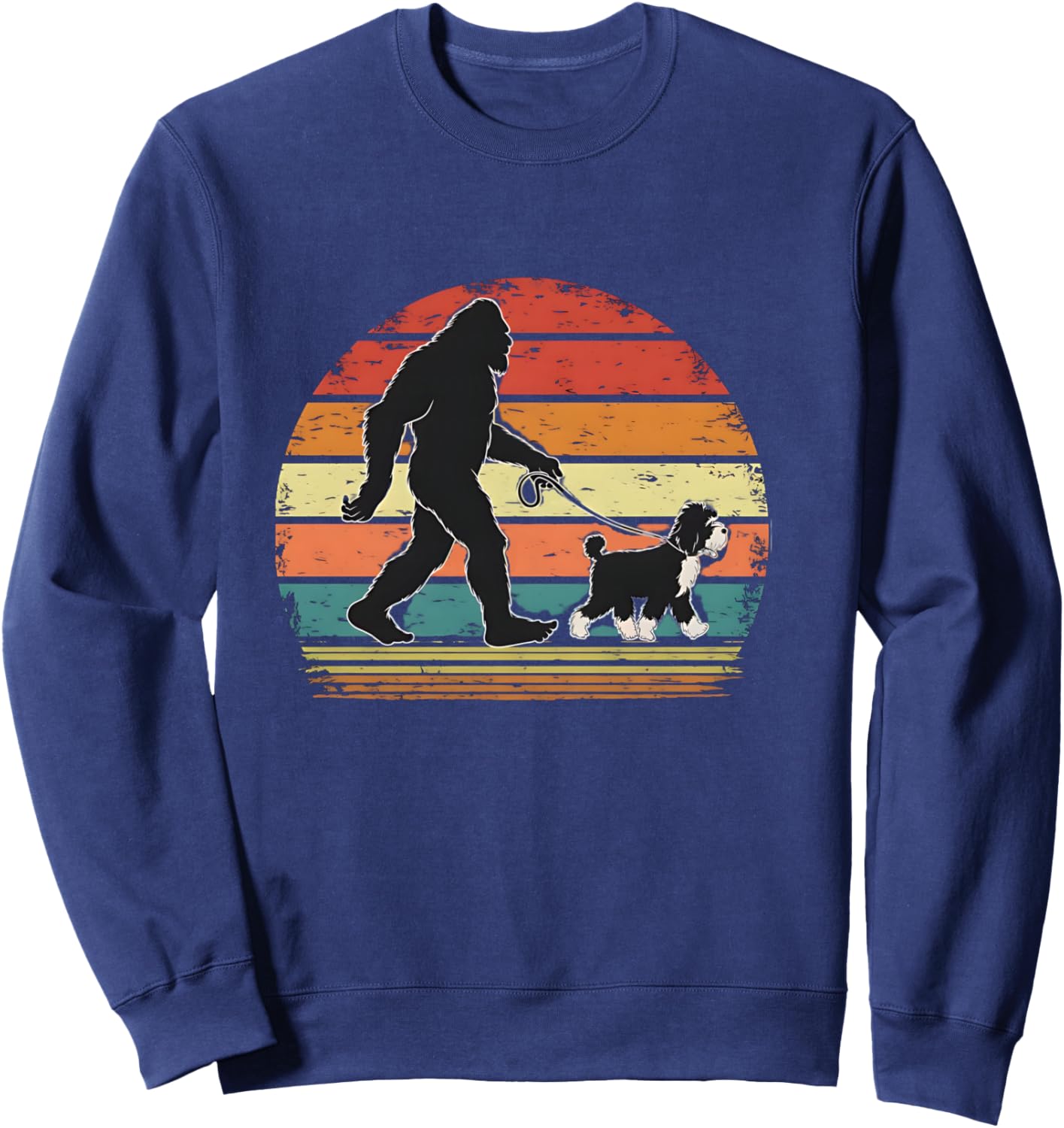 Bigfoot Walking a Dog Funny Bernedoodle Dog Dad Sweatshirt - Sweatshirt | Navy