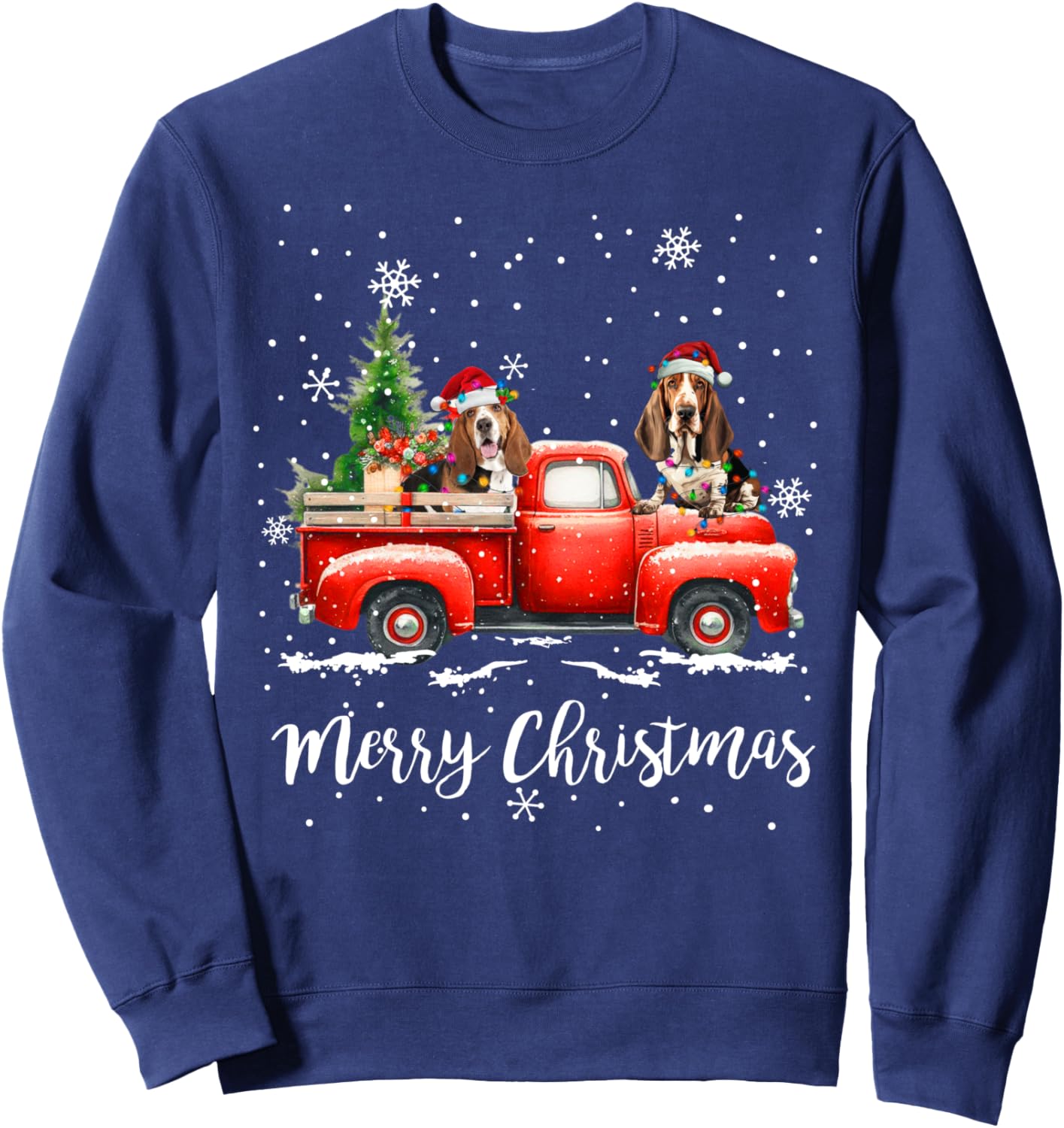 Basset Hound Red Truck Christmas Santa Hat Xmas Dog Lover Sweatshirt - Sweatshirt | Navy